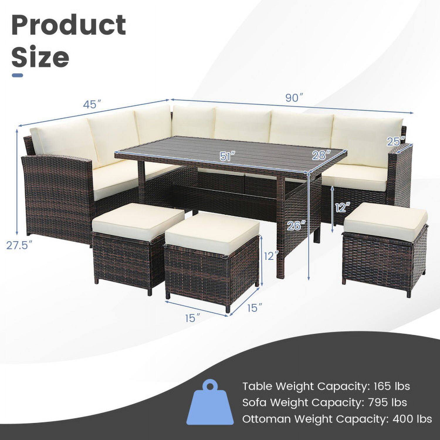 Product Size: 45" x 90" x 51" x 28" x 25" x 27.5" x 26" x 12" x 15" x 15"

Table Weight Capacity: 165 lbs  
Sofa Weight Capacity: 795 lbs  
Ottoman Weight Capacity: 400 lbs