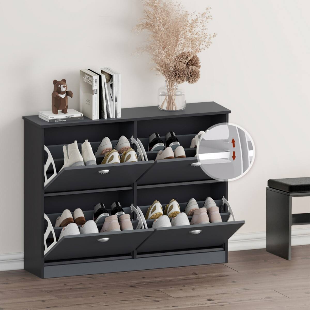 Back. HTUTWOO - Shoe Cabinet with 4 Flip-Top Drawers,Hidden Narrow Shoe Rack Cabinet for Entryway Hallway Bedroom, Family Use. - Gray.