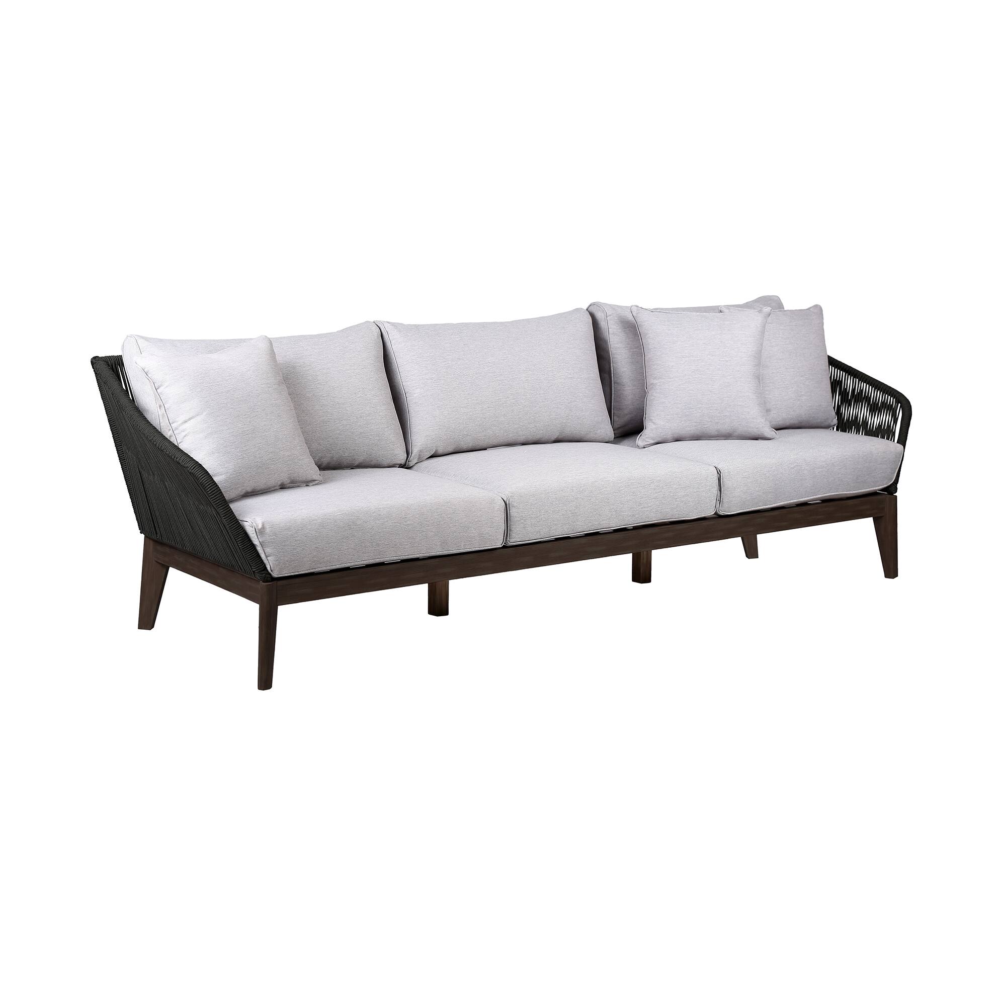 Front. Armen Living - Athos Indoor Outdoor 3 Seater Sofa in Dark Eucalyptus Wood with Charcoal Rope and Gray Cushions - Gray.