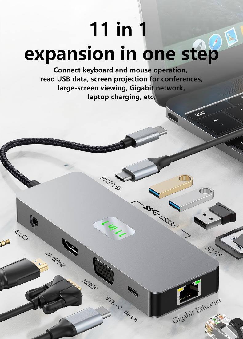 11 in 1 expansion in one step

Connect keyboard and mouse operation, read USB data, screen projection for conferences, large-screen viewing, Gigabit network, laptop charging, etc.

- Audio
- 4K 60Hz
- PD100W
- USB3.0
- SD/TF
- 1080P
- USB-C data
- Gigabit Ethernet