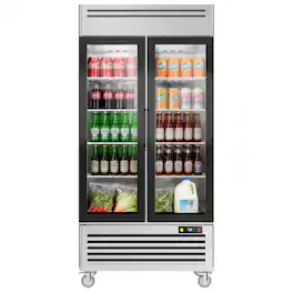 Coolake - 40"W 36 Cu.Ft. Commercial Display Beverage Refrigerator with 2 Glass Doors, Merchandiser Cooler - Stainless Steel