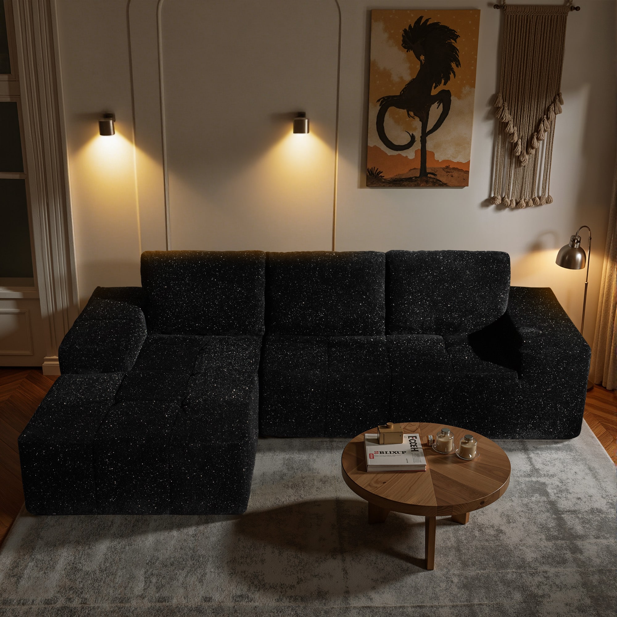 Ovios - 114" Starlight Fabric Sectional Sofa with Comfy Chaise, Boneless L-Shaped Couch for Living Room - Black(Left Facing)