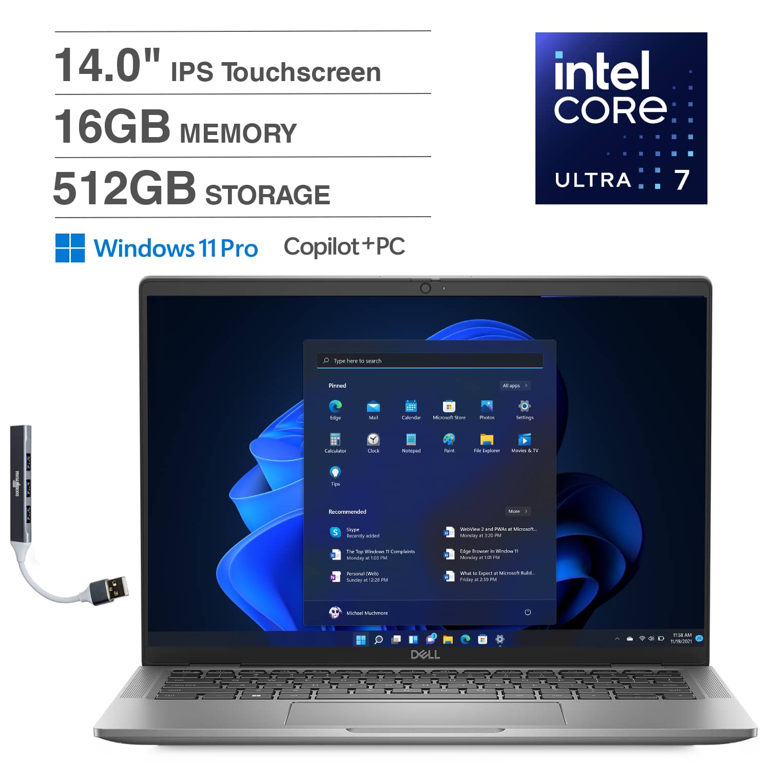 14.0" IPS Touchscreen  
16GB MEMORY  
512GB STORAGE  
intel CORE ULTRA 7  
Windows 11 Pro Copilot+PC  
DELL