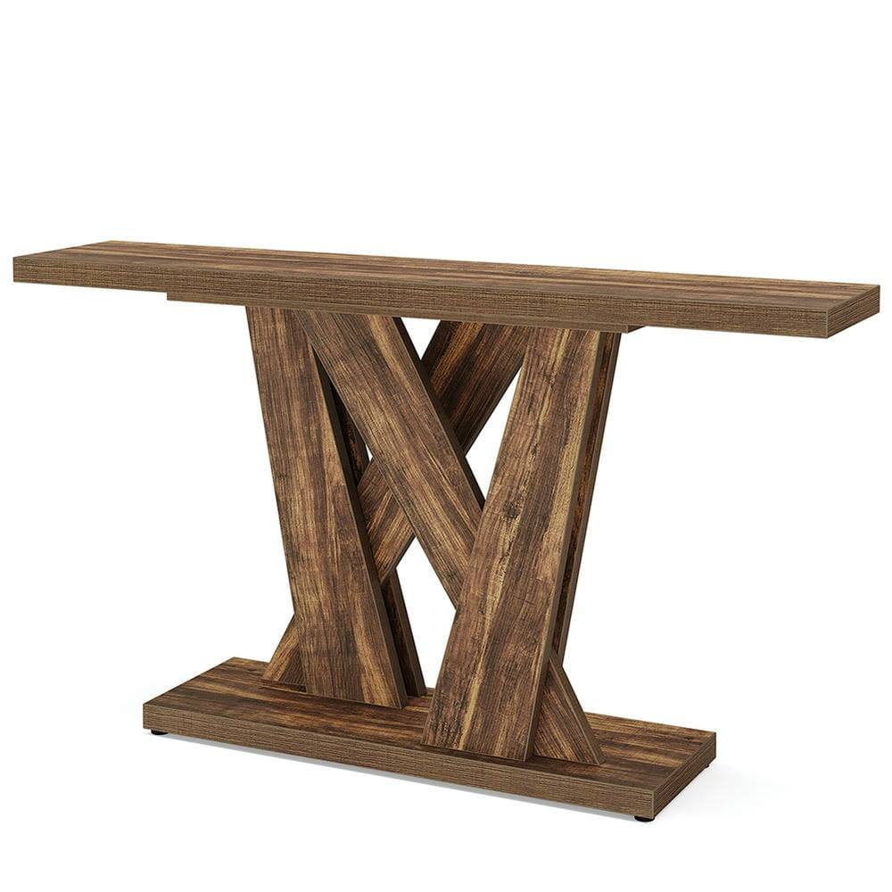 Back. Kadyn - Entryway Table, Console Sofa Table,55" Console Table, Farmhouse Entryway Table With Geometric Base - Brown.