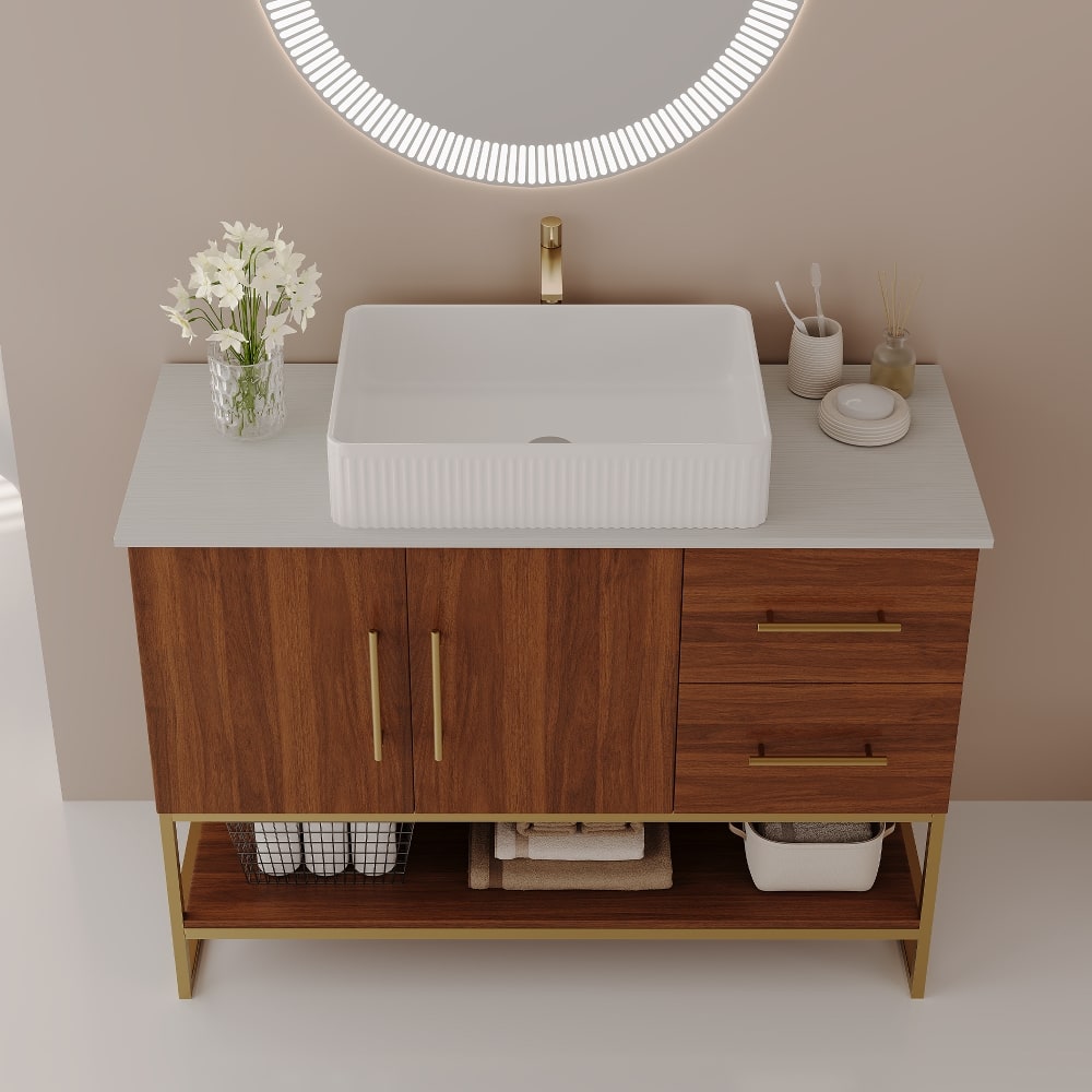 Loheer - 36 inch modern bathroom vanity with ceramic vessel sink, gold accent freestanding cabinet, walnut - Walnut, Gold, White