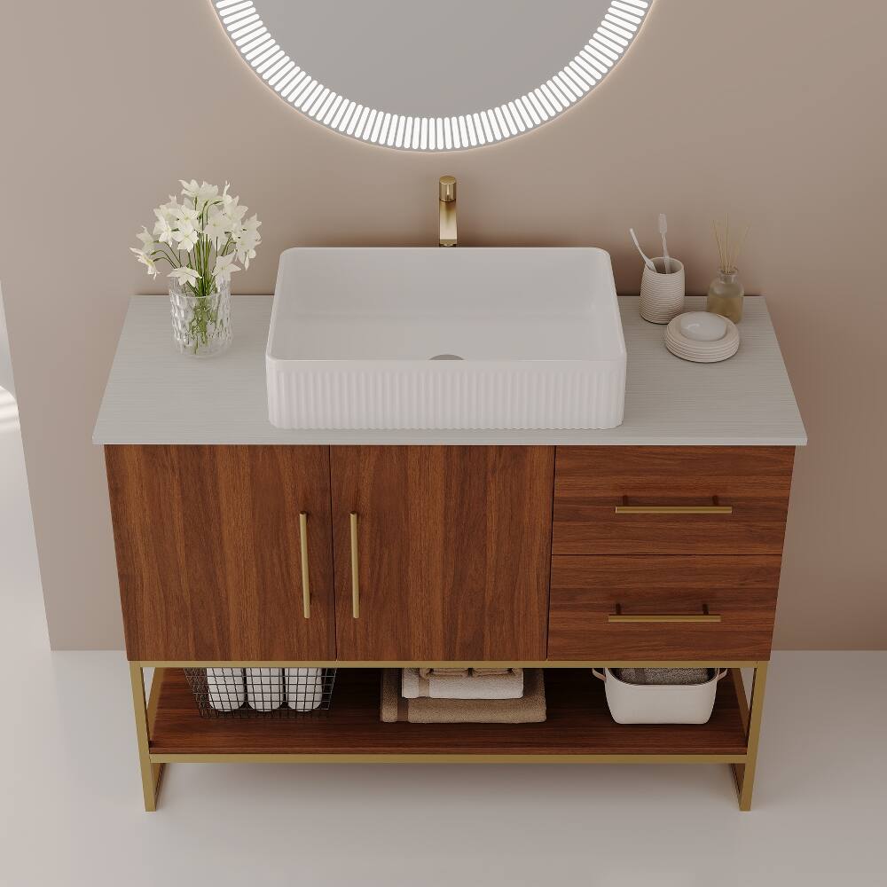 Front. Loheer - Loheer 36 inch modern bathroom vanity with ceramic vessel sink, gold accent freestanding cabinet, walnut - Walnut, Gold, White.