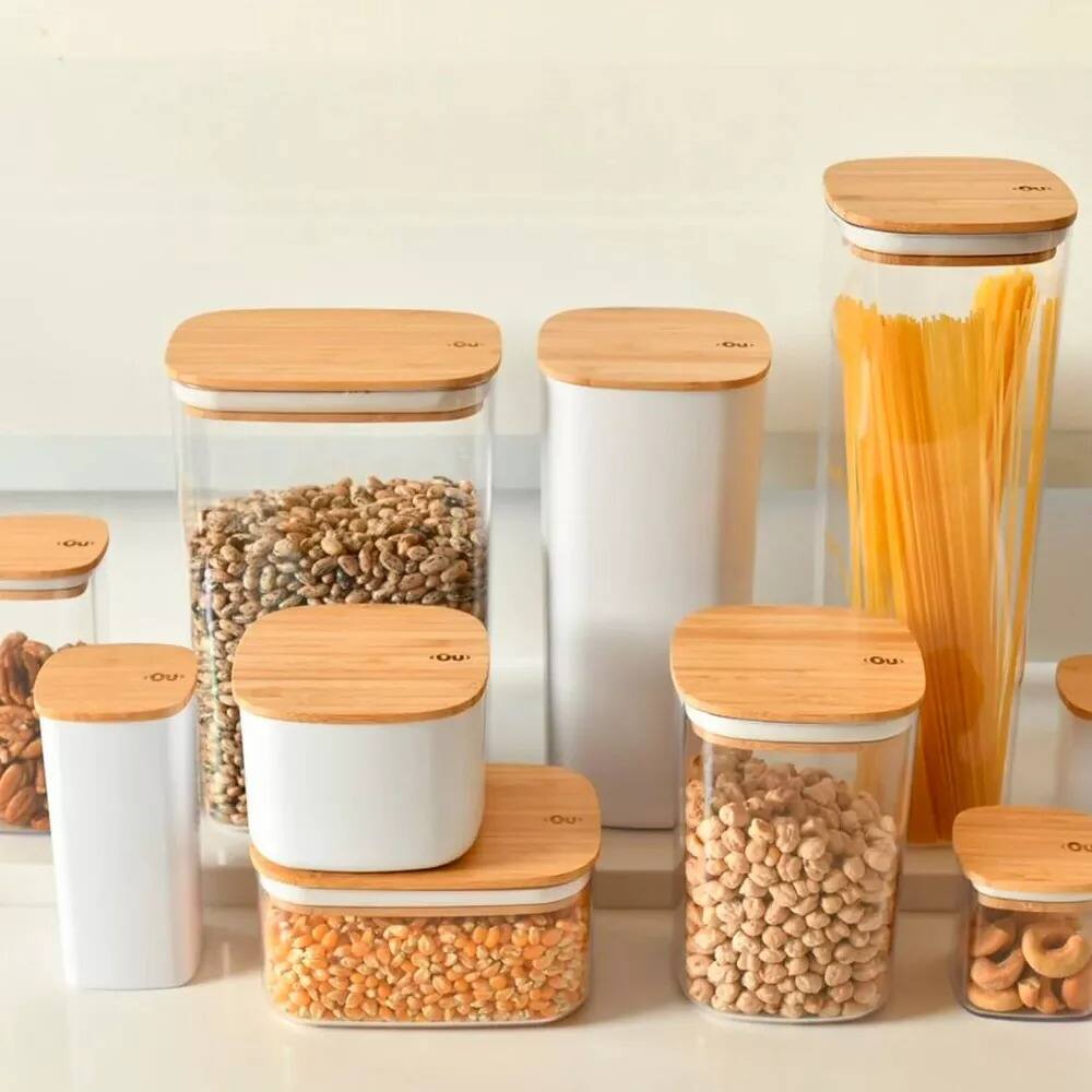 Left. OU - OU Airtight Food Storage Container 6.3cup, Plastic Stackable Kitchen Pantry Organizer w Bamboo Lid - Clear.