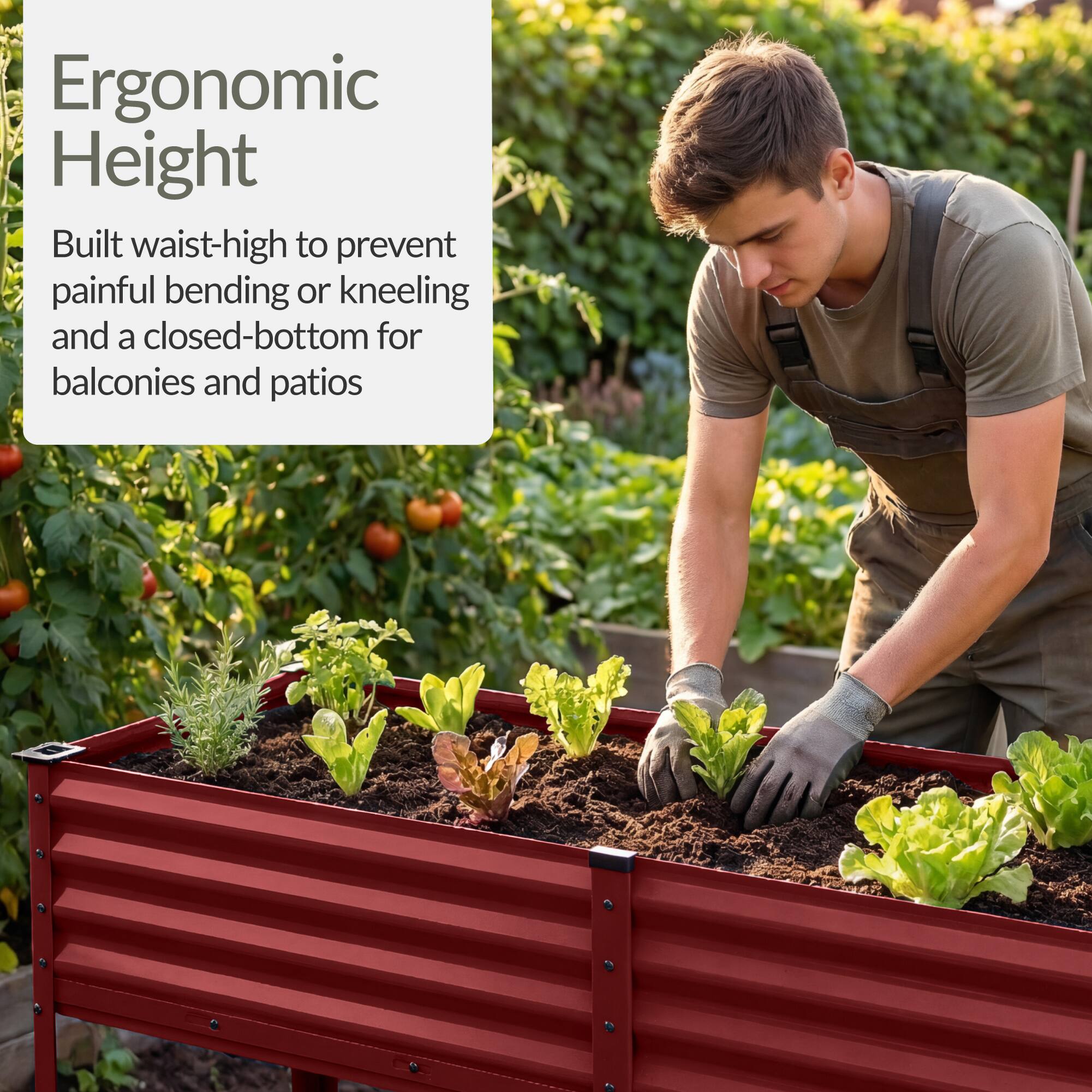 Ergonomic Height

Built waist-high to prevent painful bending or kneeling and a closed-bottom for balconies and patios