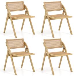 Costway - Foldable Dining Chairs Set of 4 with Woven Rattan Backrest & Seat Rubber Wood Frame - Natural