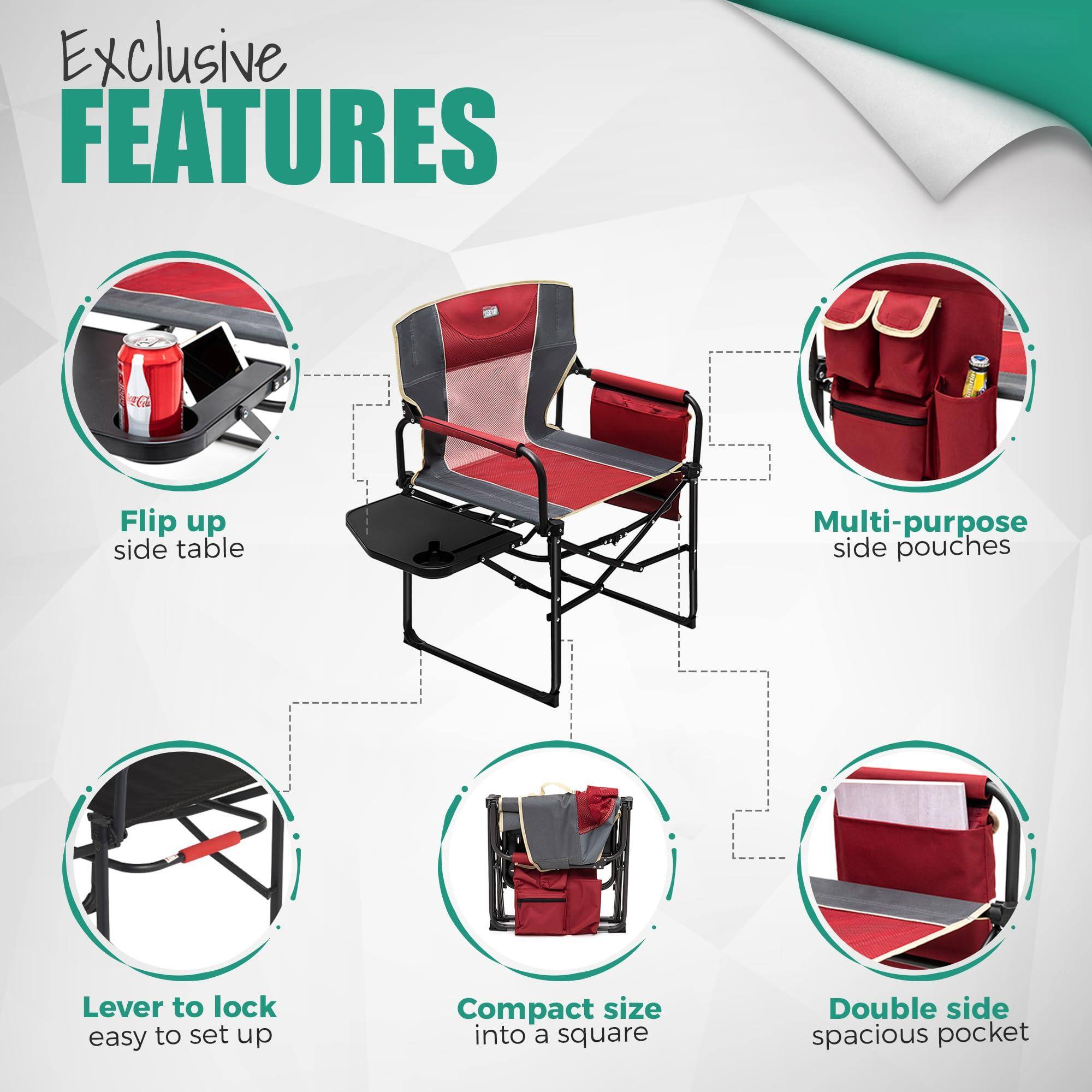 Exclusive FEATURES

- Flip up side table
- Multi-purpose side pouches
- Lever to lock easy to set up
- Compact size into a square
- Double side spacious pocket