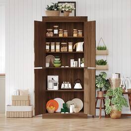 GARVEE - 71in Tall Farmhouse Kitchen Pantry Storage Cabinet with 4 Barn Doors and Adjustable Shelves - Brown