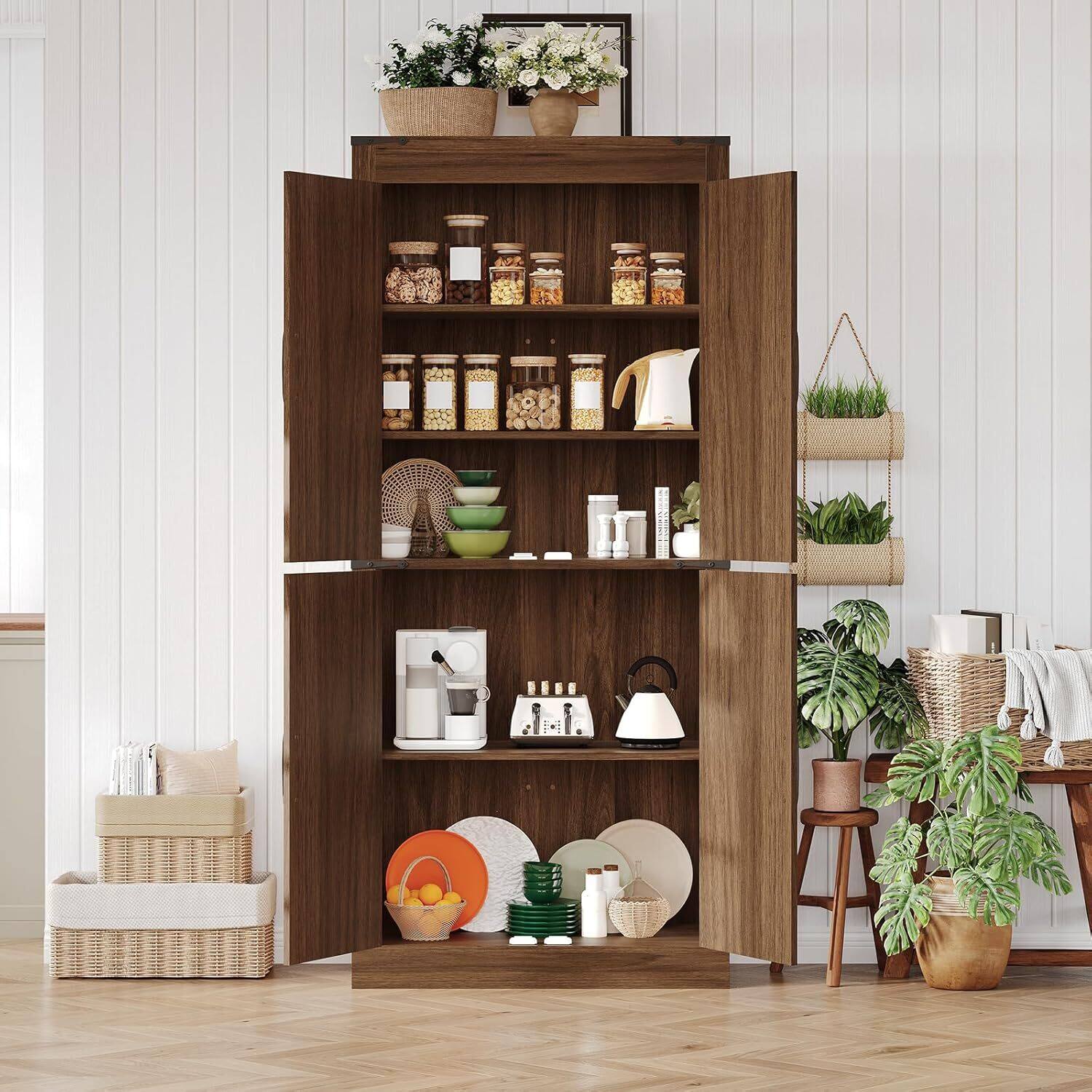 Front. GARVEE - 71in Tall Farmhouse Kitchen Pantry Storage Cabinet with 4 Barn Doors and Adjustable Shelves - Brown.