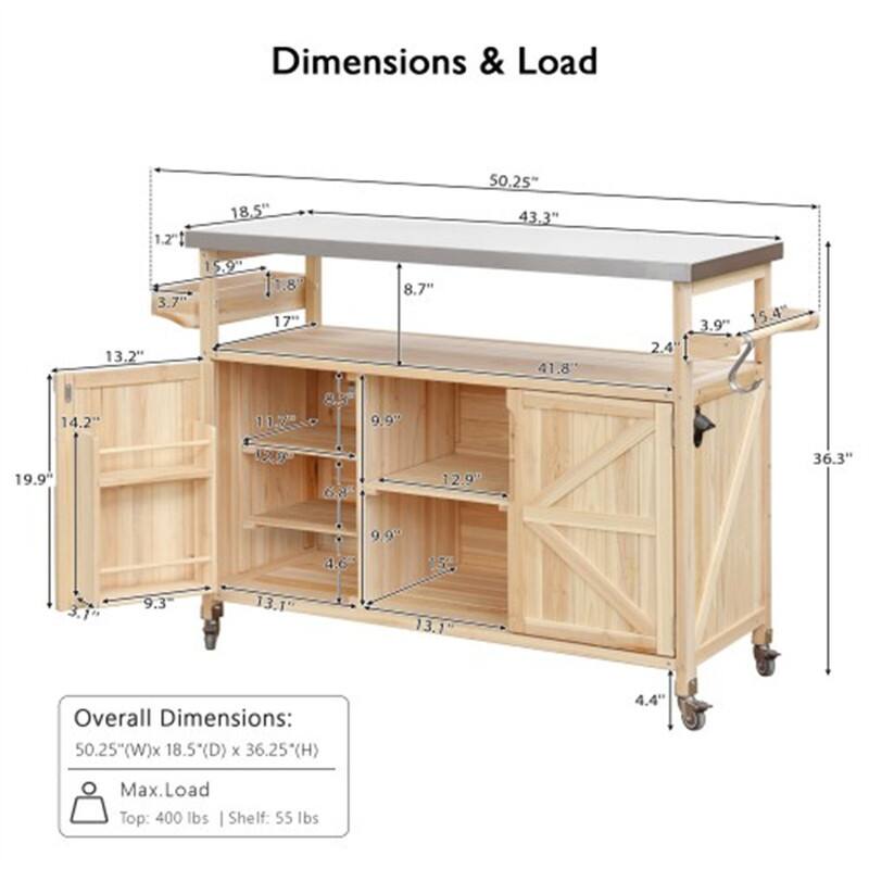 Dimensions & Load

Overall Dimensions: 50.25" (W) x 18.5" (D) x 36.25" (H)

Max. Load
Top: 400 lbs
Shelf: 55 lbs

Dimensions:
- 1.2" (thickness of the top)
- 3.7" (depth of the front panel)
- 13.2" (width of the front panel)
- 18.5" (depth of the top)
- 5.9" (height of the side panel)
- 1.8" (thickness of the side panel)
- 17" (width of the side panel)
- 8.7" (height of the shelf)
- 50.25" (width of the overall unit)
- 43.3" (depth of the overall unit)
- 41.8" (width of the lower cabinet)
- 2.4" (thickness of the lower cabinet)
- 3.9" (height of the lower cabinet)
- 15.4" (width of the lower cabinet)
- 14.2" (height of the