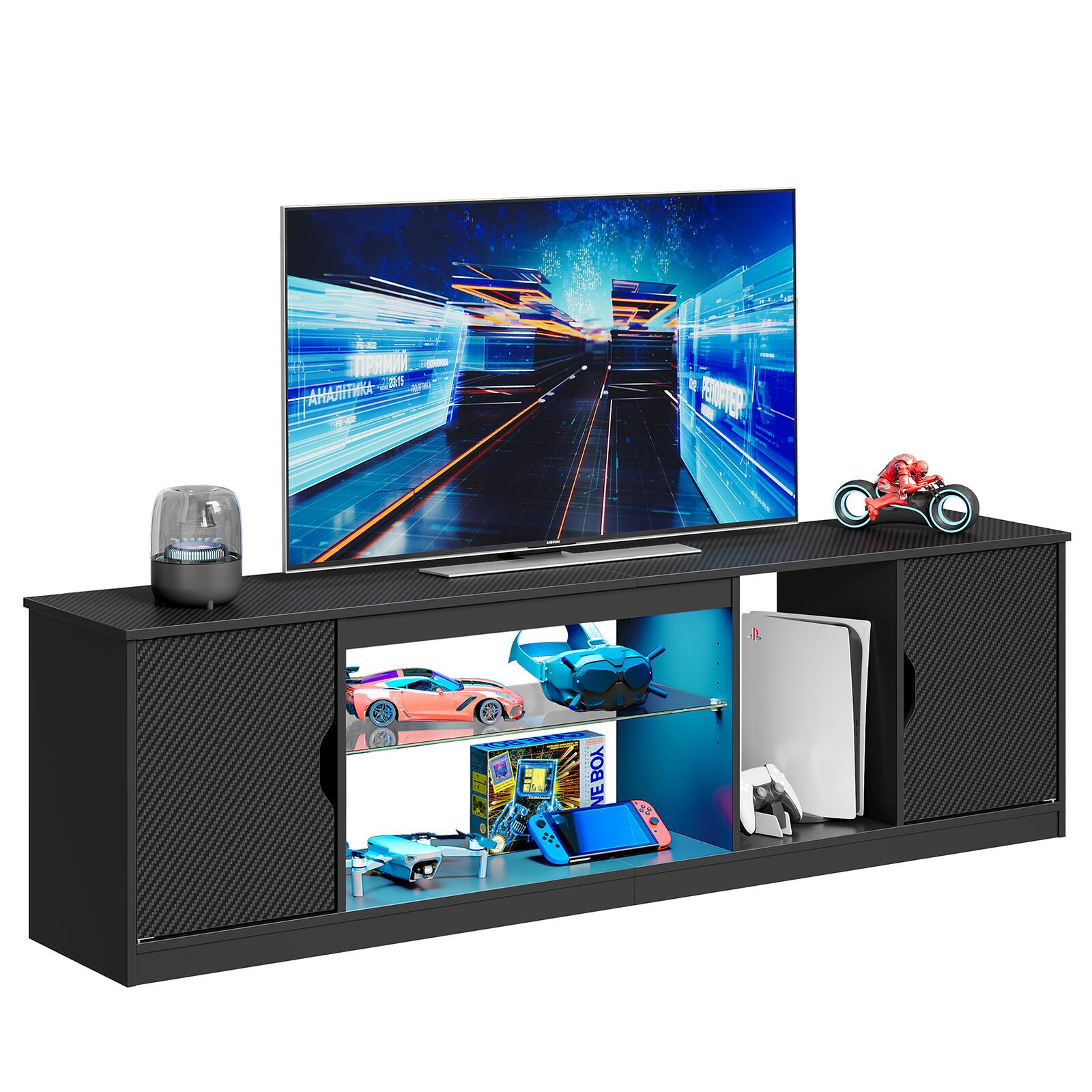 Bestier - 70" Gaming TV Stand with Storage and LED Light Strips Up to 75" Entertainment Center - Black