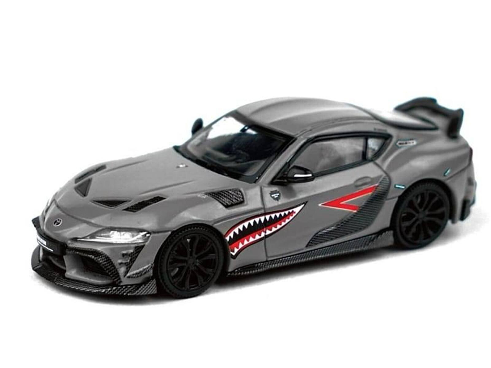 Angle. Pop Race - Toyota Supra "DarwinPro 66G NWB" Gray Metallic with Shark Mouth Graphics 1/64 Diecast Model Car by Pop Race - Gray Metallic.