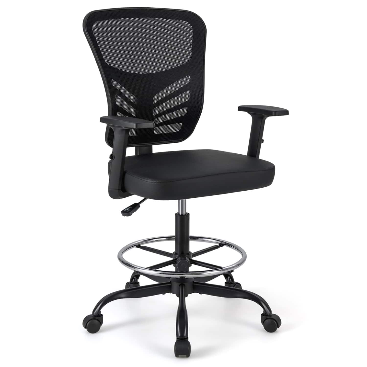 WELLFOR - Mesh Drafting Chair Office Chair with Adjustable Armrests and Foot-Ring - Black