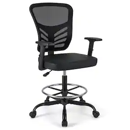 WELLFOR - Mesh Drafting Chair Office Chair with Adjustable Armrests and Foot-Ring - Black