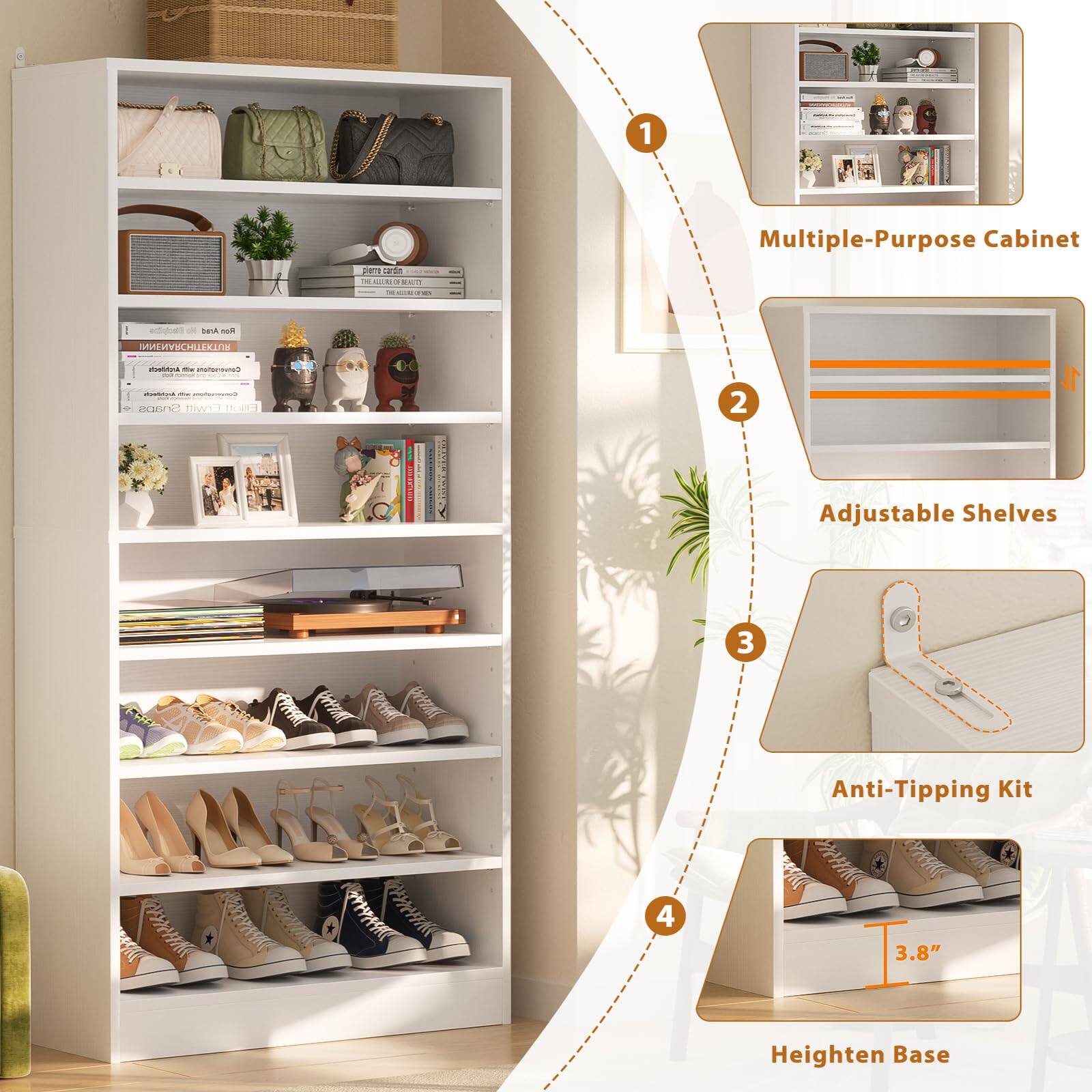 1. E. -- NARO -- Multiple-Purpose Cabinet
2. Adjustable Shelves
3. Anti-Tipping Kit
4. 3.8" Heighten Base