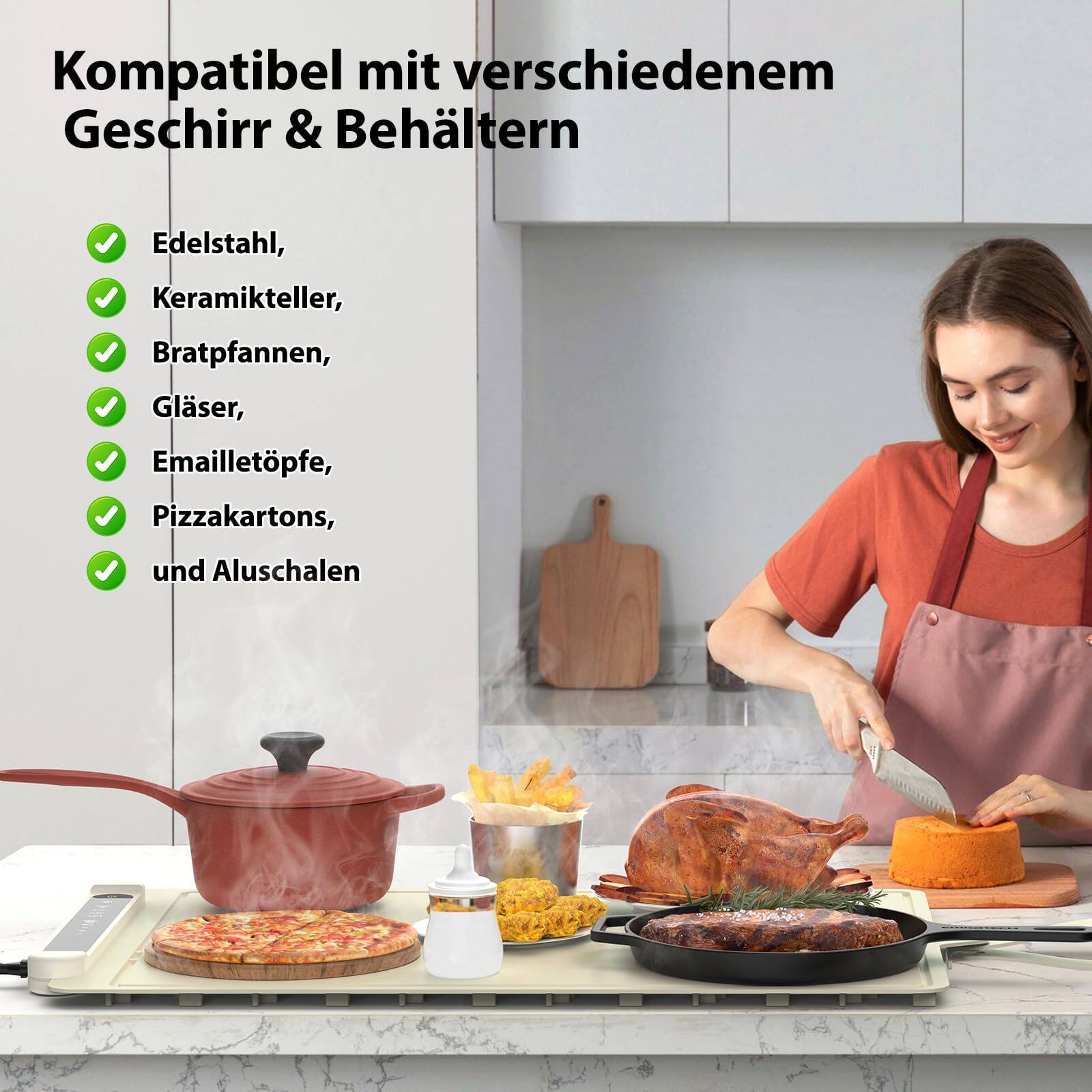 Kompatibel mit verschiedenen Geschirr & Behältern

- Edelstahl,
- Keramikteller,
- Bratpfannen,
- Gläser,
- Emailletöpfe,
- Pizzakartons,
- und Aluschalen