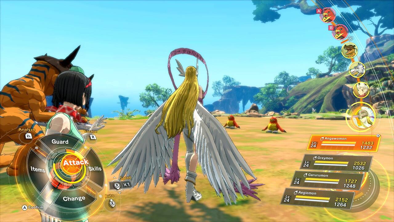 A 1 AI GN Analyzo ZL Guard Escape Lv. 24 D Angewomon x 1483 1232 Items A Confirm Attack Skills Speed R x1 Auto Change R Greymon Lv. 2532 24 1026 Garurumon Lv. 24 1727 1248 Aegiomon Lv. 24 2152 1264
