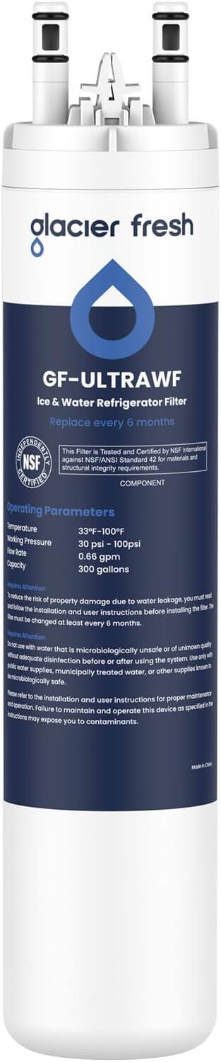 **Glacier Fresh**

**GF-ULTRAWF**

Ice & Water Refrigerator Filter

Replace every 6 months

This Filter is Tested and Certified by NSF International against NSF/ANSI Standard 42 for materials and structural integrity requirements.

**COMPONENT**

**Operating Parameters**

- Temperature: 33°F-100°F
- Working Pressure: 30 psi - 100 psi
- Flow Rate: 0.66 gpm
- Capacity: 300 gallons

To reduce the risk of property damage due to water leakage, you must read and follow the installation and user instructions before installing the filter. This filter must be changed at least every 6 months with water that is microbiologically unsafe or of unknown quality without adequate disinfection before or after using the system. Use only with public water supplies, municipally treated water, or other supplies known to be microbiologically safe.

Please refer to the installation and user instructions for proper maintenance and operation. Failure to maintain and operate this device as specified in the instructions may expose you to contaminants.

Made in China