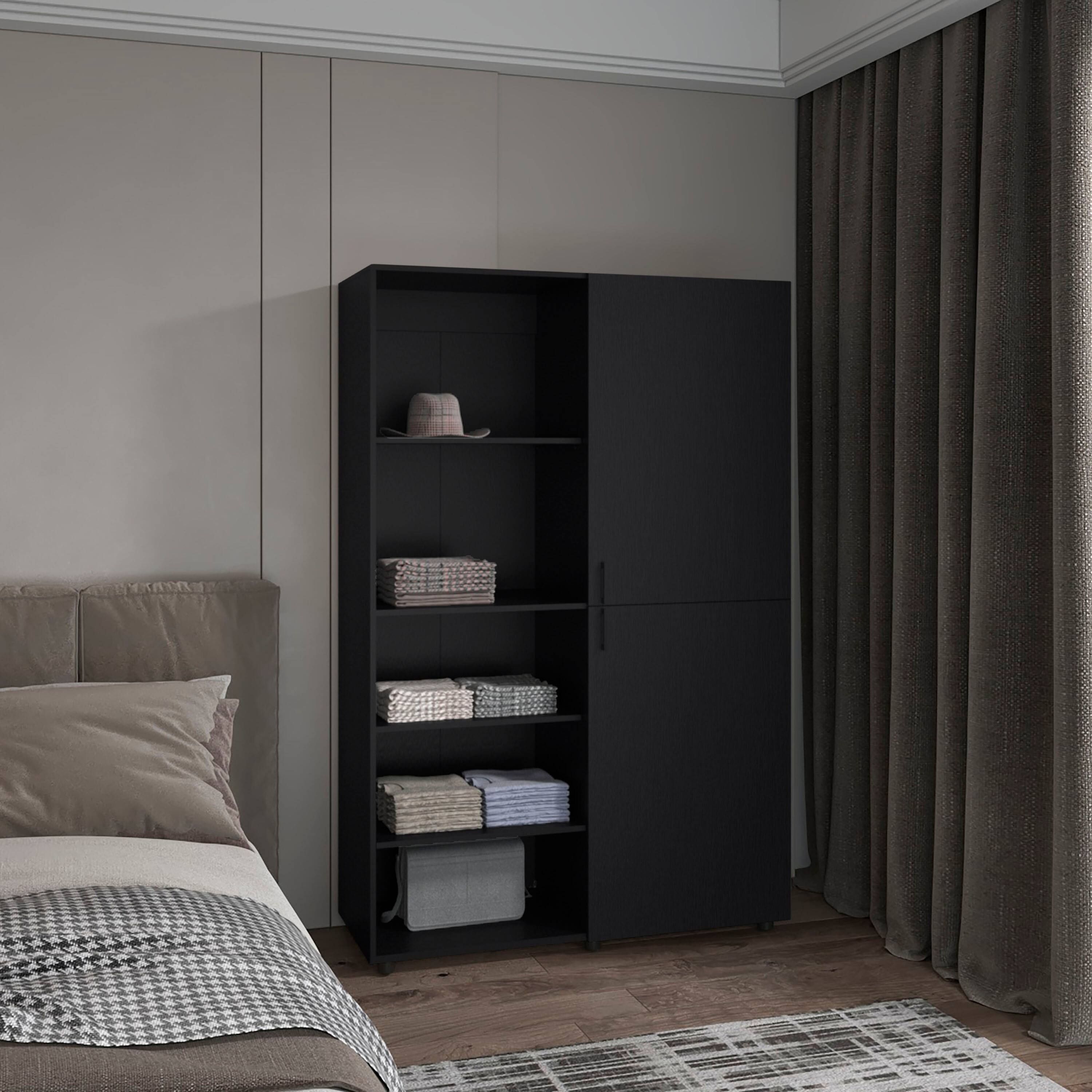 Left. TuHome - Eco High One Door Freestanding Armoire With Hanging Rod And Interior Shelves, Compact Bedroom Wardrobe - Black.