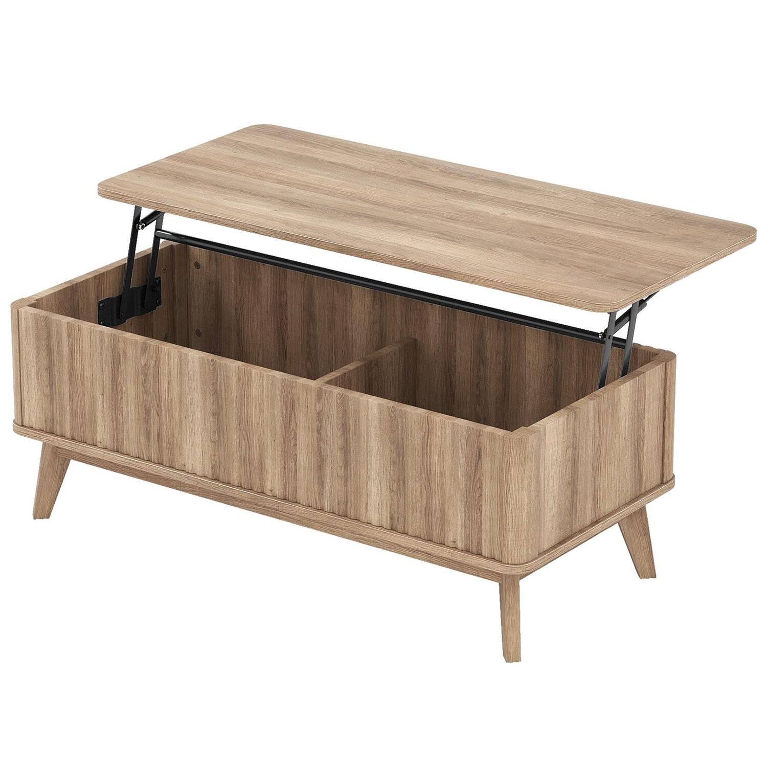 Angle. Pefilos - 43.5" Rectangle Wooden Fluted Lift Top Coffee Table, Modern Lift Design with Hidden Compartment & Adjustable Shelves - Brown.