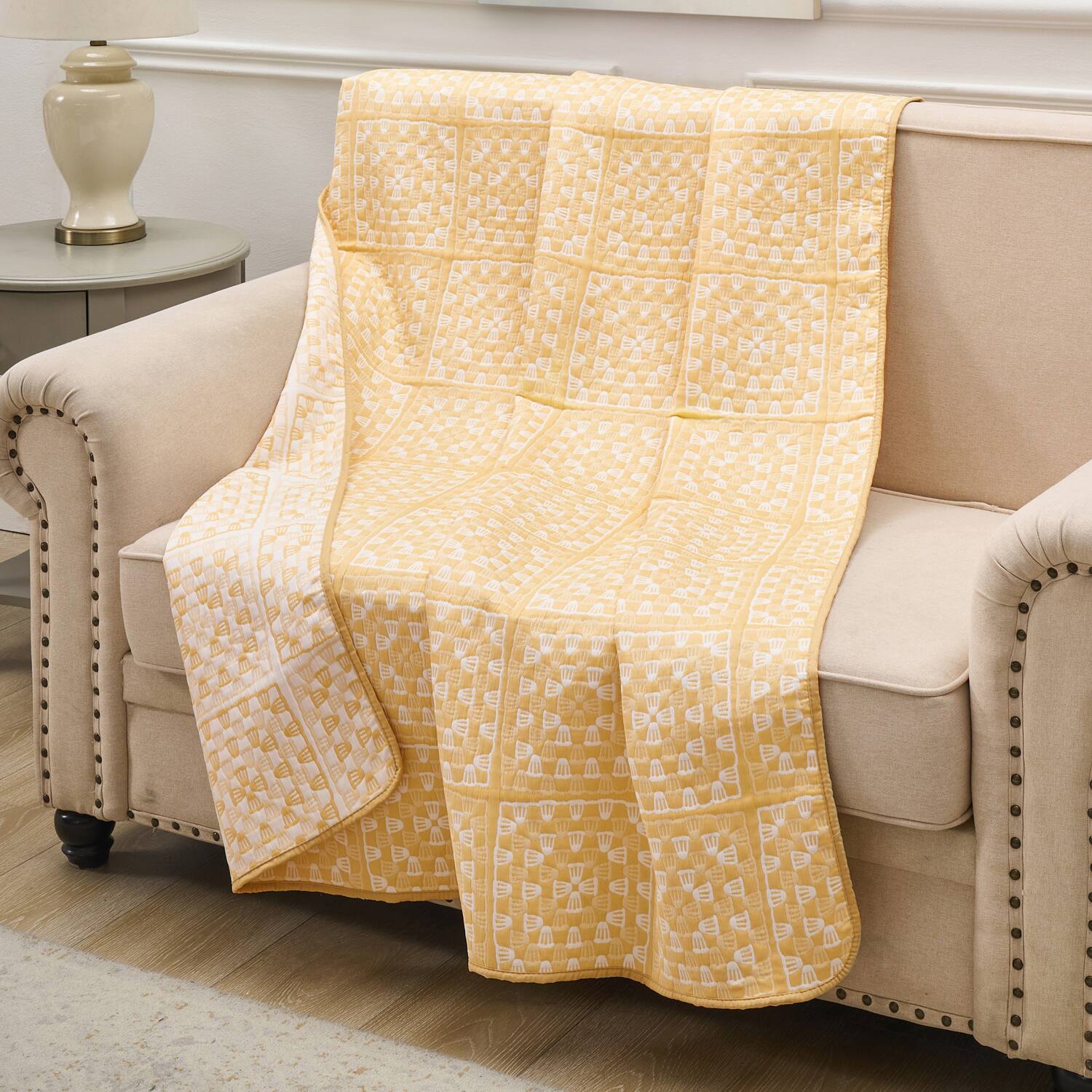 Angle. Greenland Home Fashions - Greenland Home Fashion Granny Squares 100% Polyester Reversible Accessory Throw Blanket 50" x 60" Gold - Gold.