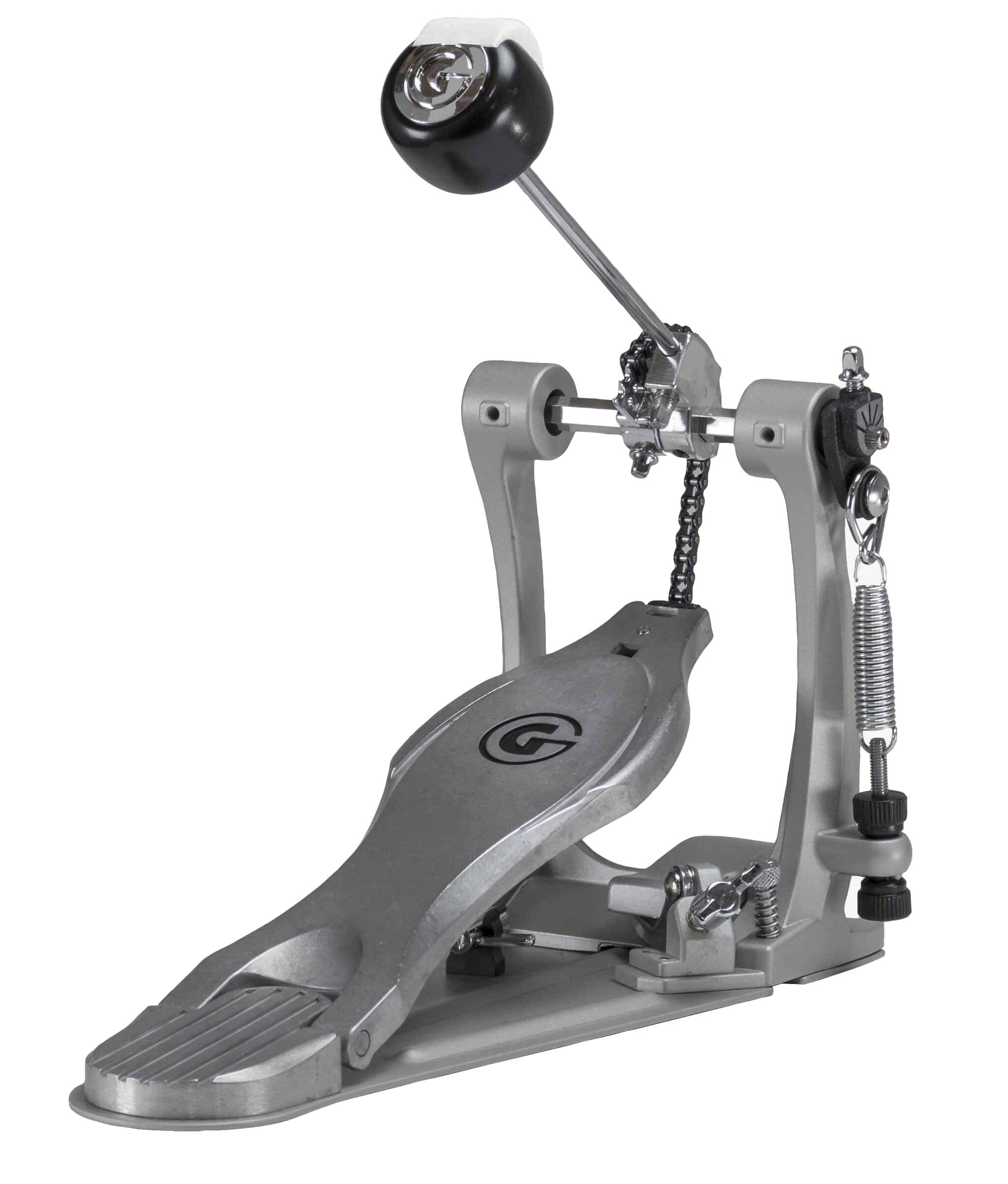 Left. Gibraltar Hardware - Road Class Chain Drive Bass Drum Pedal, w/ Single Chain Cam, G-Class Pillar Frame, Side Hoop Clamp & Quiet Spring Rocker.