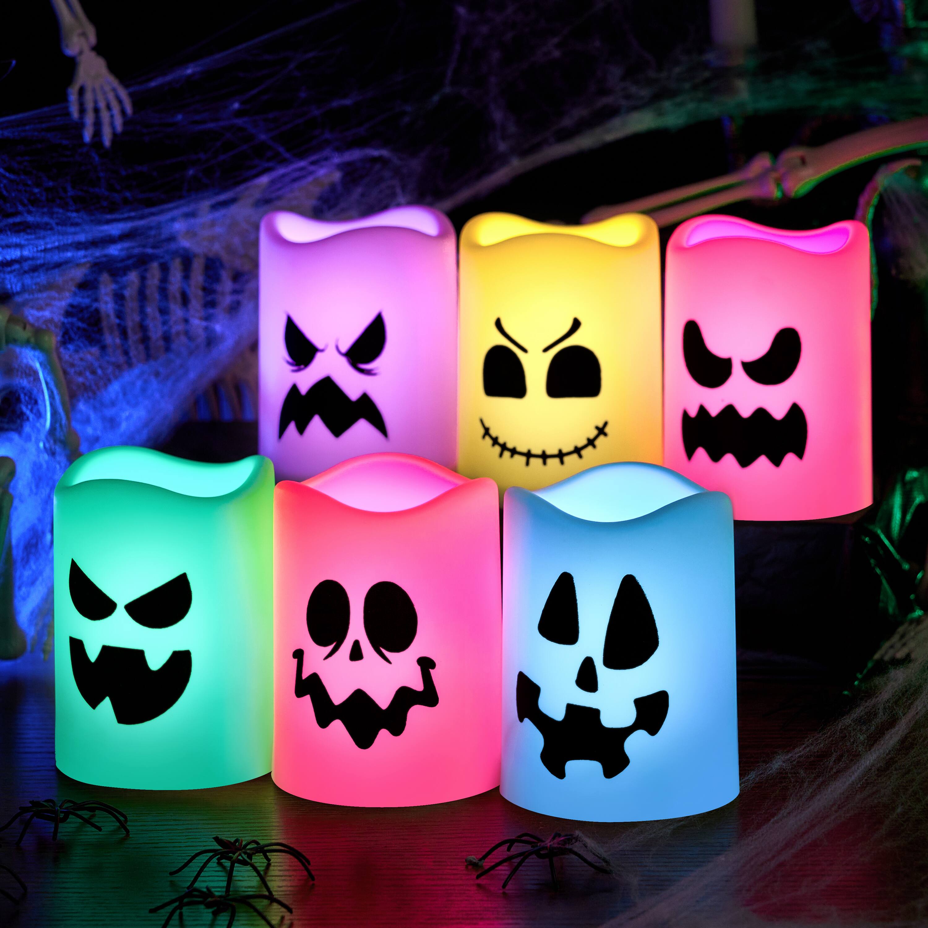 Left. Joyfy - 6 Pcs Halloween Flameless Candles with Remote Timer – Color Changing LED Lights, Battery Operated for Haunted House - white.