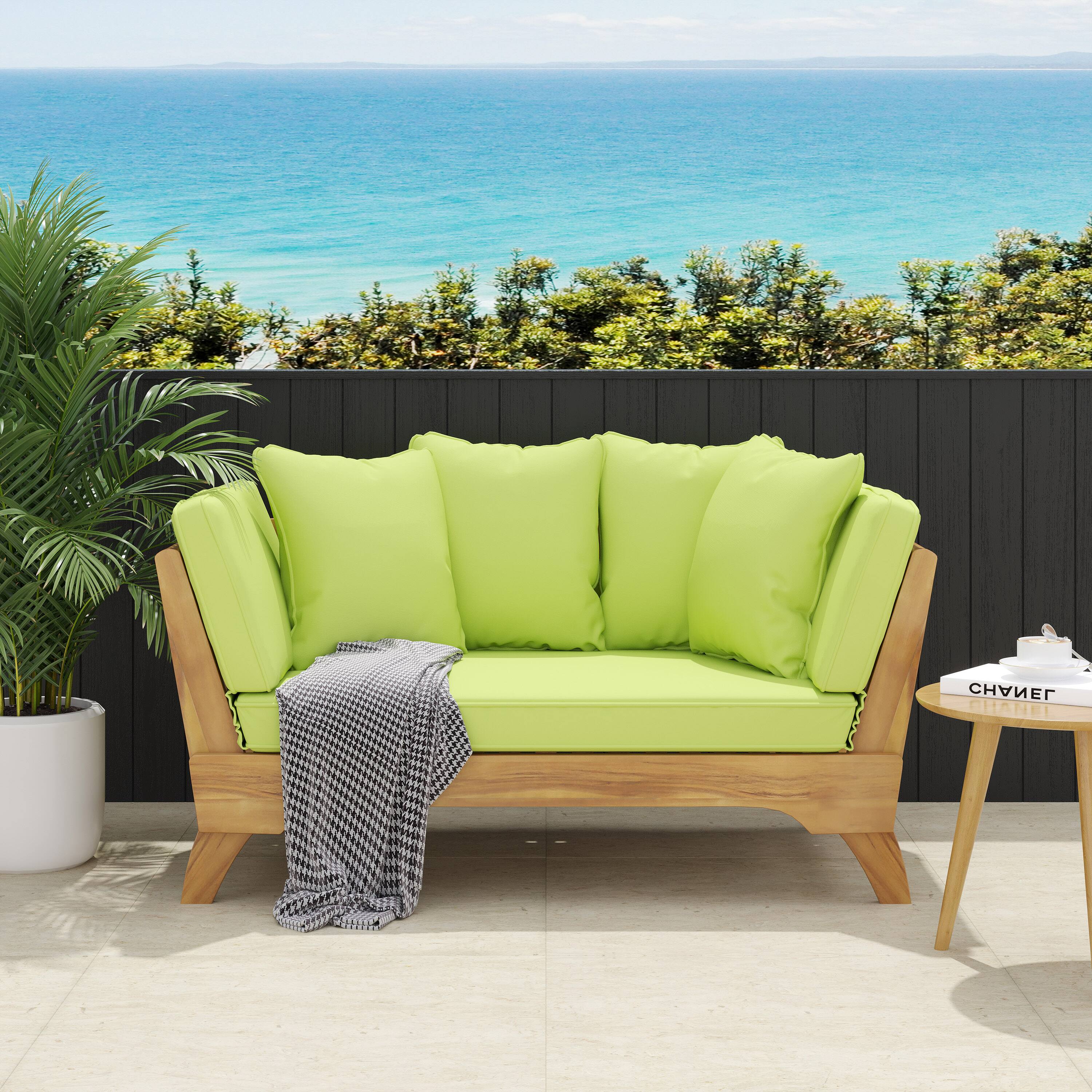 Front. TinyHomie - Expandable Daybed with Cushions Outdoor Couch Acacia Wood Patio Couch with Adjustable Armrests Outdoor Convertible Sofa - Teak.