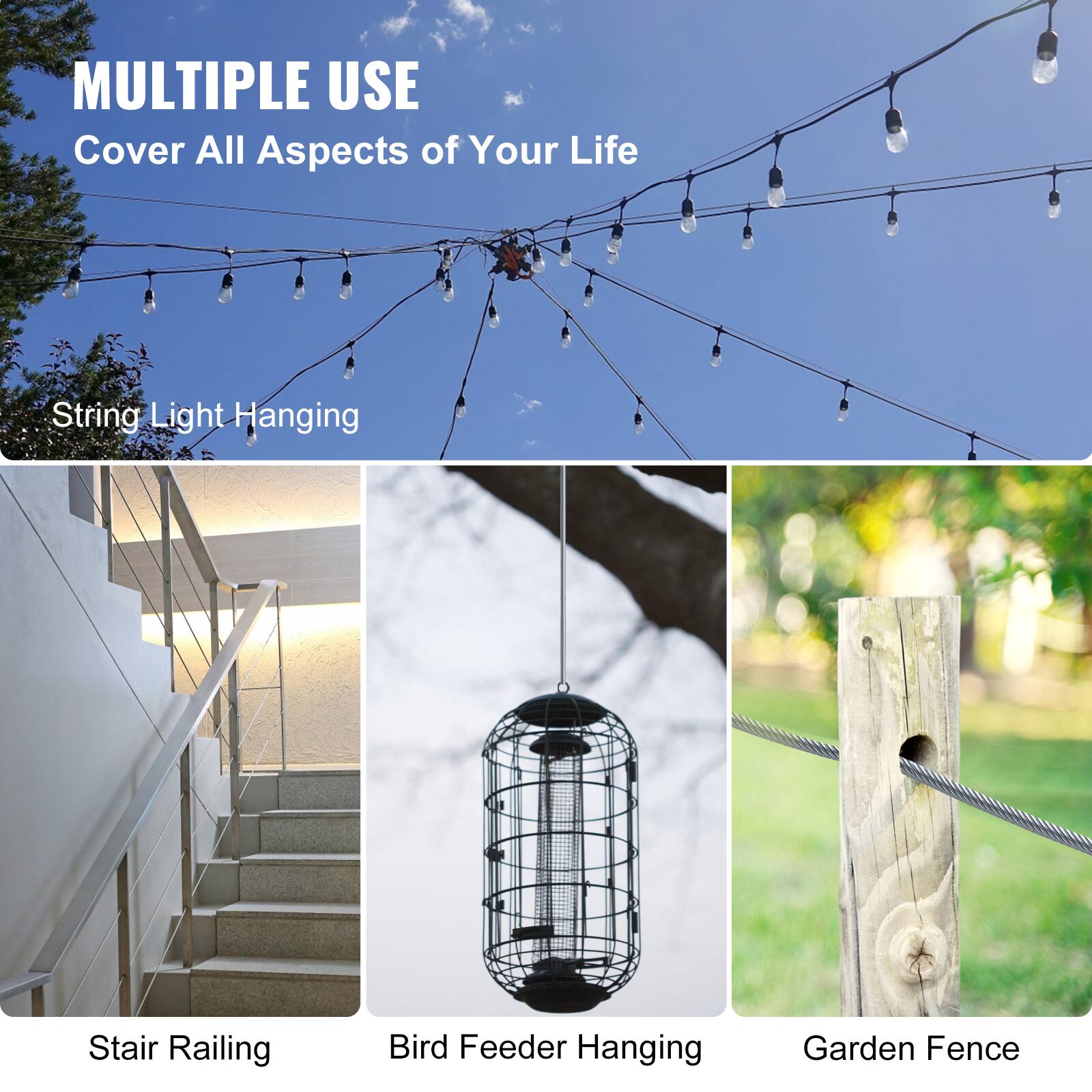 MULTIPLE USE  
Cover All Aspects of Your Life  

String Light Hanging  

Stair Railing  

Bird Feeder Hanging  

Garden Fence