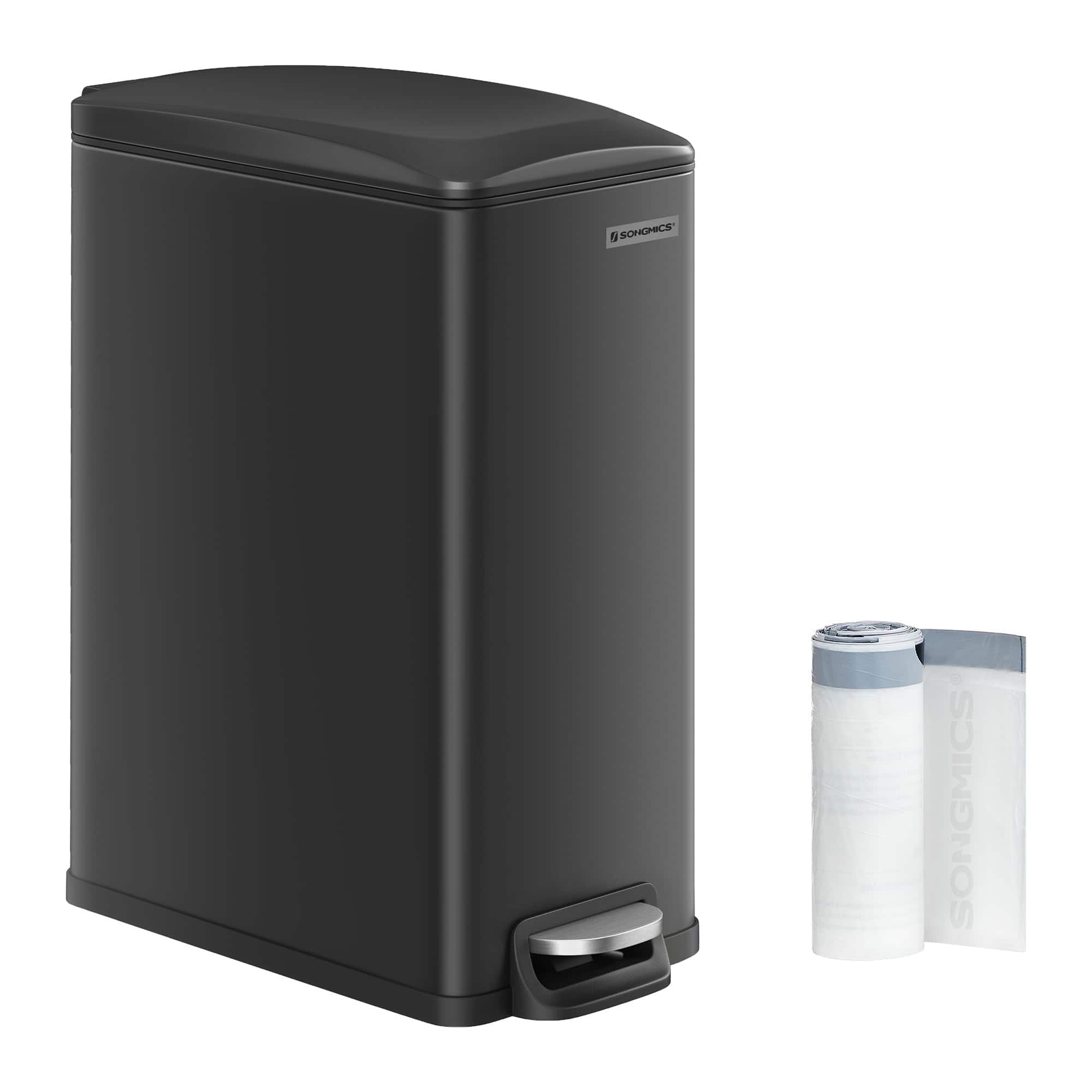 Songmics Home - 13-Gallon (50L) Slim Stainless Steel Trash Can with Soft-Close Lid in Black (15 Trash Bags Included)