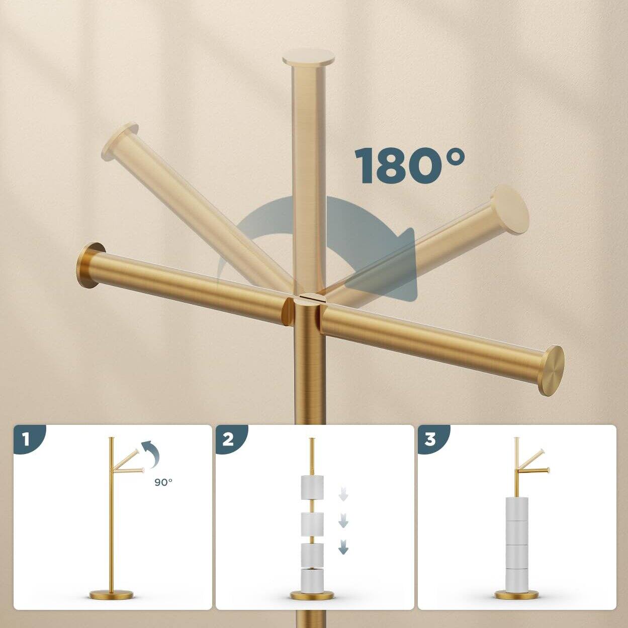 Left. Dazzed Corner - Toilet Paper Holder Stand, Freestanding Tissue Roll Holder for Bathroom,Storage for 4 Rolls - Brushed Gold.