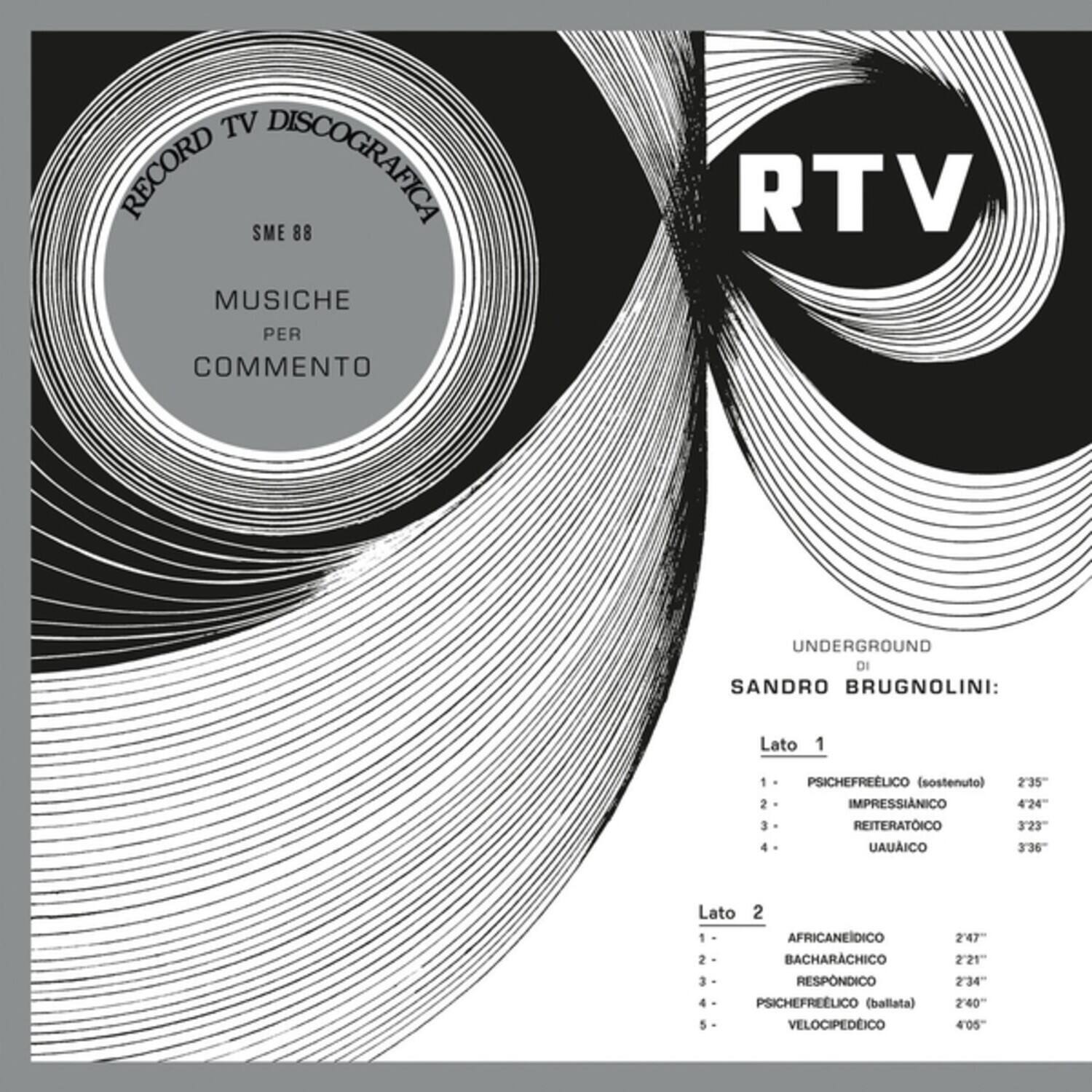 **Record TV Discografica**  
SME 88  
Musiche per Commento  
RTV Underground di Sandro Brugnolini:

**Lato 1**  
1. Psichefreelico (sostenuto) 2'35"  
2. Impressinico 4'24"  
3. Reiteratico 3'23"  
4. Uauaico 3'36"

**Lato 2**  
1. Africaneidico 2'47"  
2. Bacharchico 2'21"  
3. Respondico 2'34"  
4. Psichefreelico (ballata) 2'40"  
5. Velocipedico 4'05"