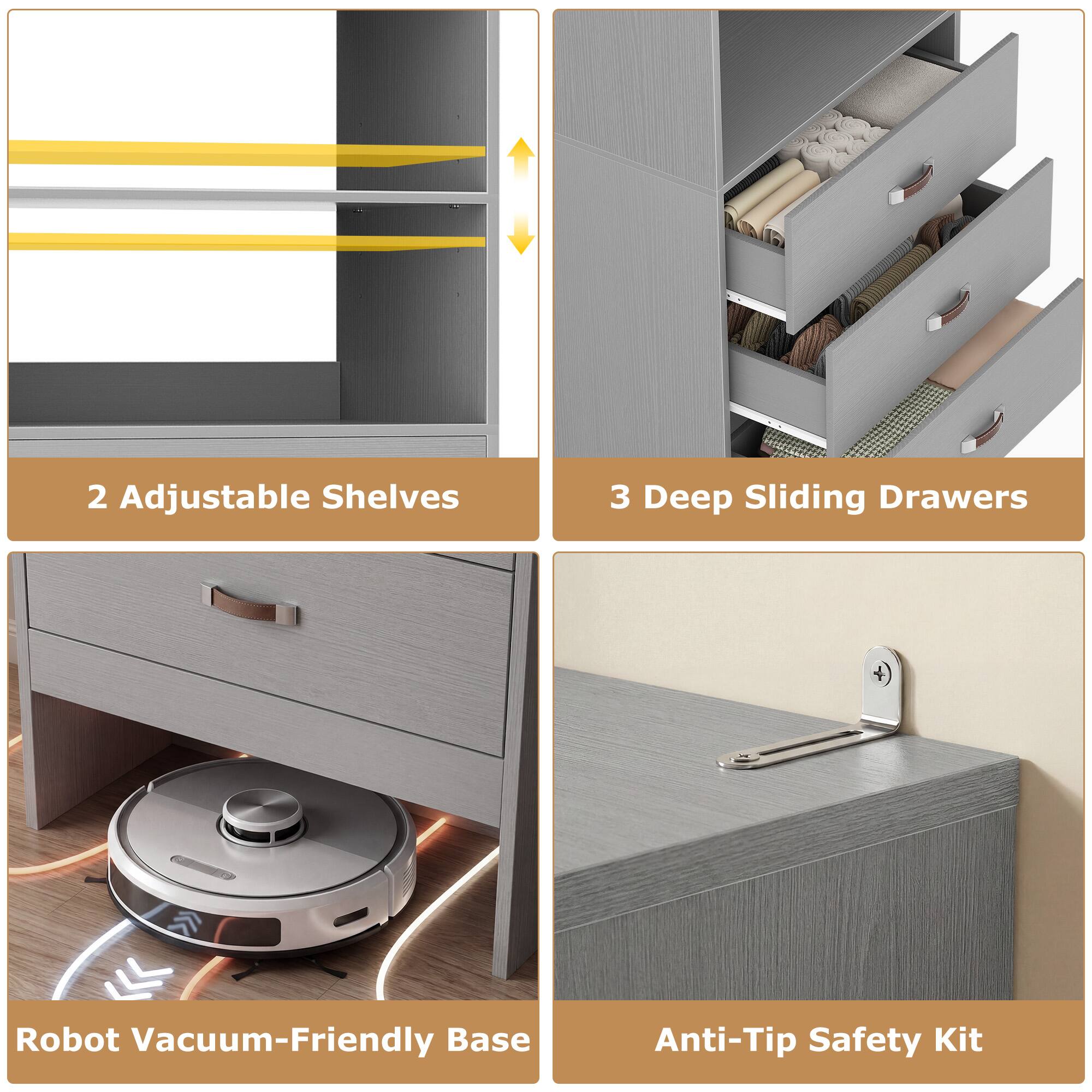 2 Adjustable Shelves  
3 Deep Sliding Drawers  
Robot Vacuum-Friendly Base  
Anti-Tip Safety Kit