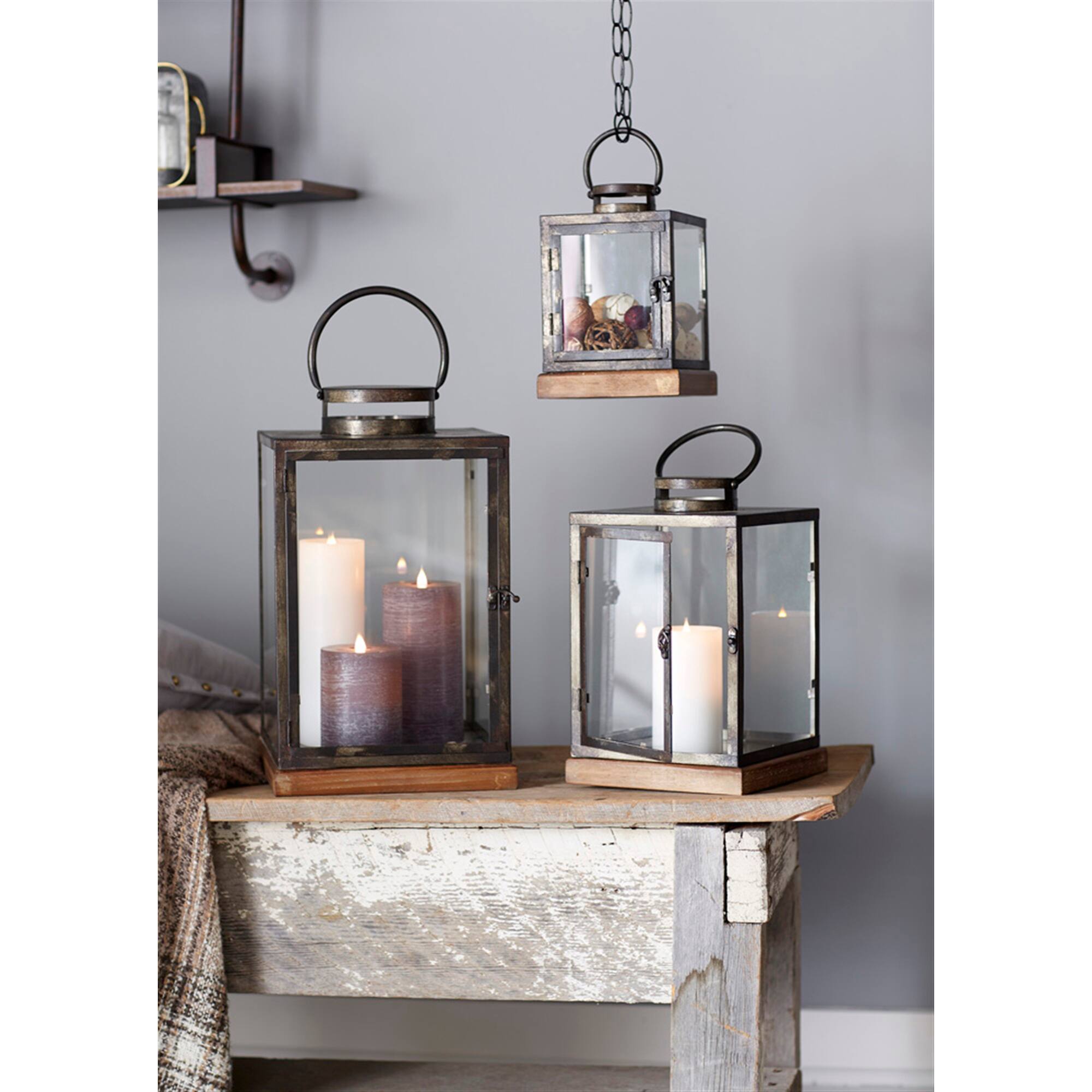 Alt View 1. Melrose - Set of 3 Bronze Glass Candle Lanterns With a Latch Hook Lock - 21" - Bronze.