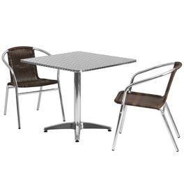 Emma + Oliver - 31.5" Square Aluminum Garden Patio Table Set with 2 Rattan Chairs - Dark Brown