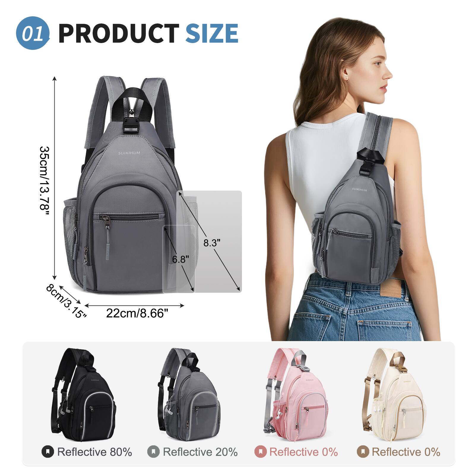 01 PRODUCT SIZE  
35cm/13.78"  
8.3"  
6.8"  
8cm/3.15"  
22cm/8.66"  

Reflective 80%  
Reflective 20%  
Reflective 0%  
Reflective 0%