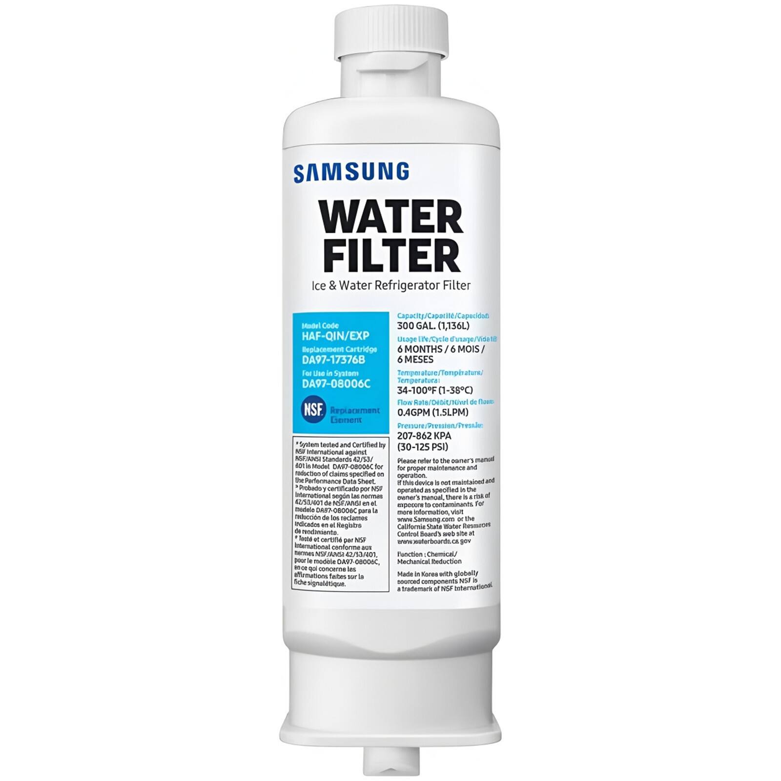 **SAMSUNG WATER FILTER**  
Ice & Water Refrigerator Filter  

**Model Code/EXP**  
HAF-QIN/EXP  
Replacement Cartridge  
DA97-173768  
For Use in System  
DA97-08006C  

**Capacity/Capacité/Capacidad**  
300 GAL. (1,136L)  

**Usage/Cycle d'usage/Vida**  
6 MONTHS / 6 MOIS / 6 MESES  

**Temperature/Temperatura**  
34-100°F (1-38°C)  

**Flow Rate/Debit/Nivel de**  
0.4GPM (1.5LPM)  

**NSF Certification**  
System tested and Certified by NSF International against NSF/ANSI Standards 42/401 for the reduction of:  
- Chlorine Taste and Odor  
- Lead  
- Mercury  
- Arsenic  
- Copper  
- Barium  
- Cadmium  
- Chromium (hexavalent)  
- Chromium (total)  
- Fluoride  
- Selenium  
- Nitrate  
- Nitrite  
- Pesticides  
- Vol