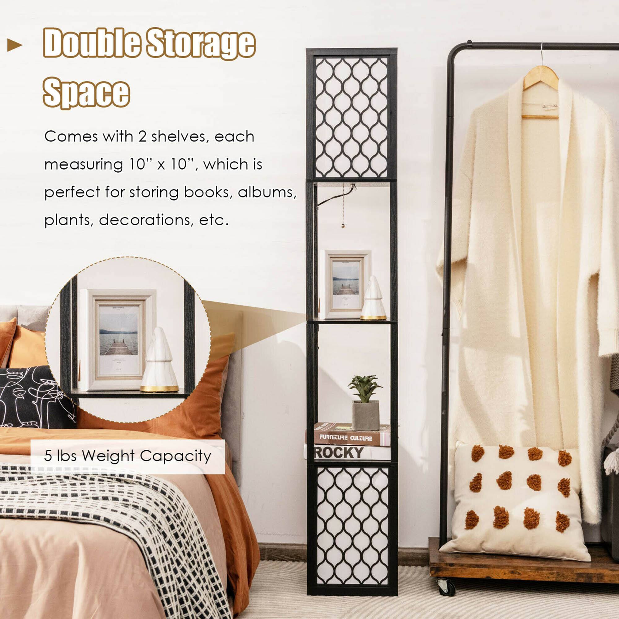 Double Storage Space  
Comes with 2 shelves, each measuring 10" x 10", which is perfect for storing books, albums, plants, decorations, etc.  
5 lbs Weight Capacity