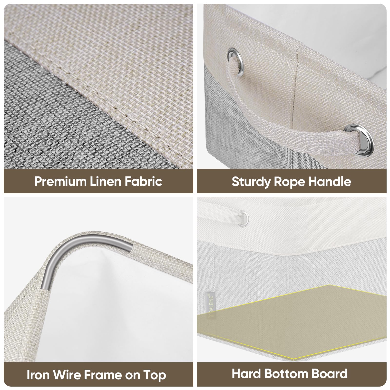 Premium Linen Fabric  
Sturdy Rope Handle  
Iron Wire Frame on Top  
Hard Bottom Board