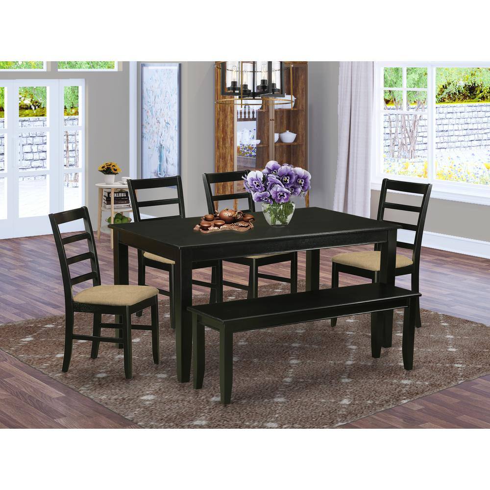Back. East West Furniture - DUPF6-BLK-C 6 PC Dining room set - Dining Table and 4 Dining Chairs and also Bench - Black.
