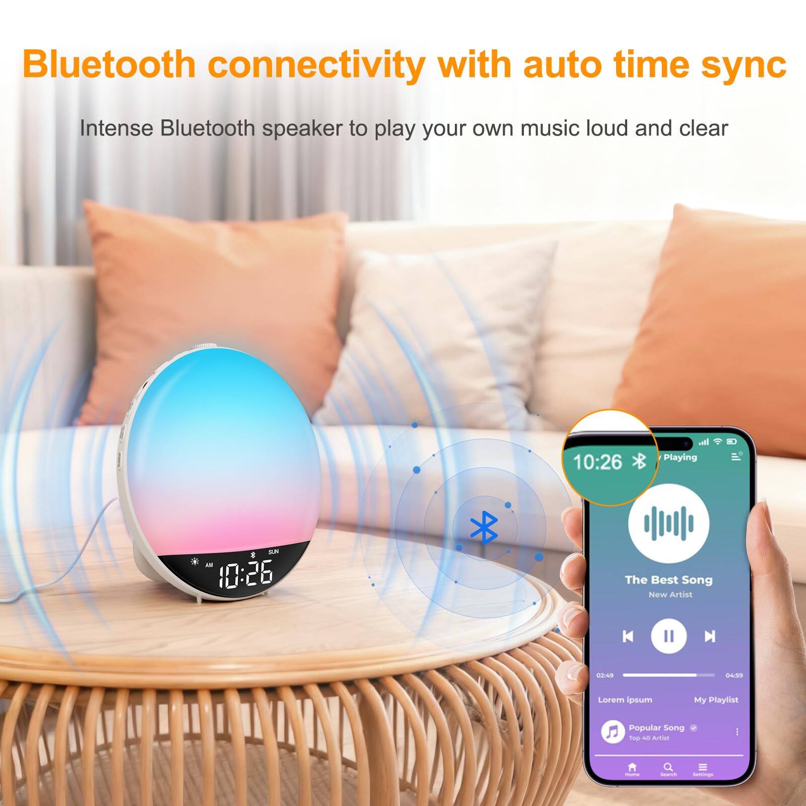 Bluetooth connectivity with auto time sync

Intense Bluetooth speaker to play your own music loud and clear

10:26

Playing SUN - 10:26

The Best Song
New Artist

Lorem ipsum

My Playlist

Popular Song
Top 40 Artists