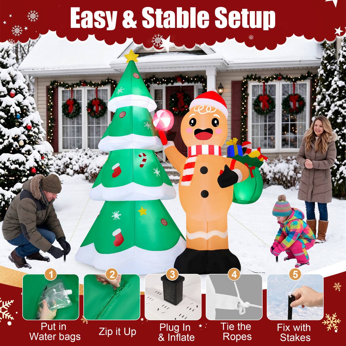Easy & Stable Setup

1. Put in Water bags
2. Zip it Up
3. Plug In & Inflate
4. Tie the Ropes
5. Fix with Stakes