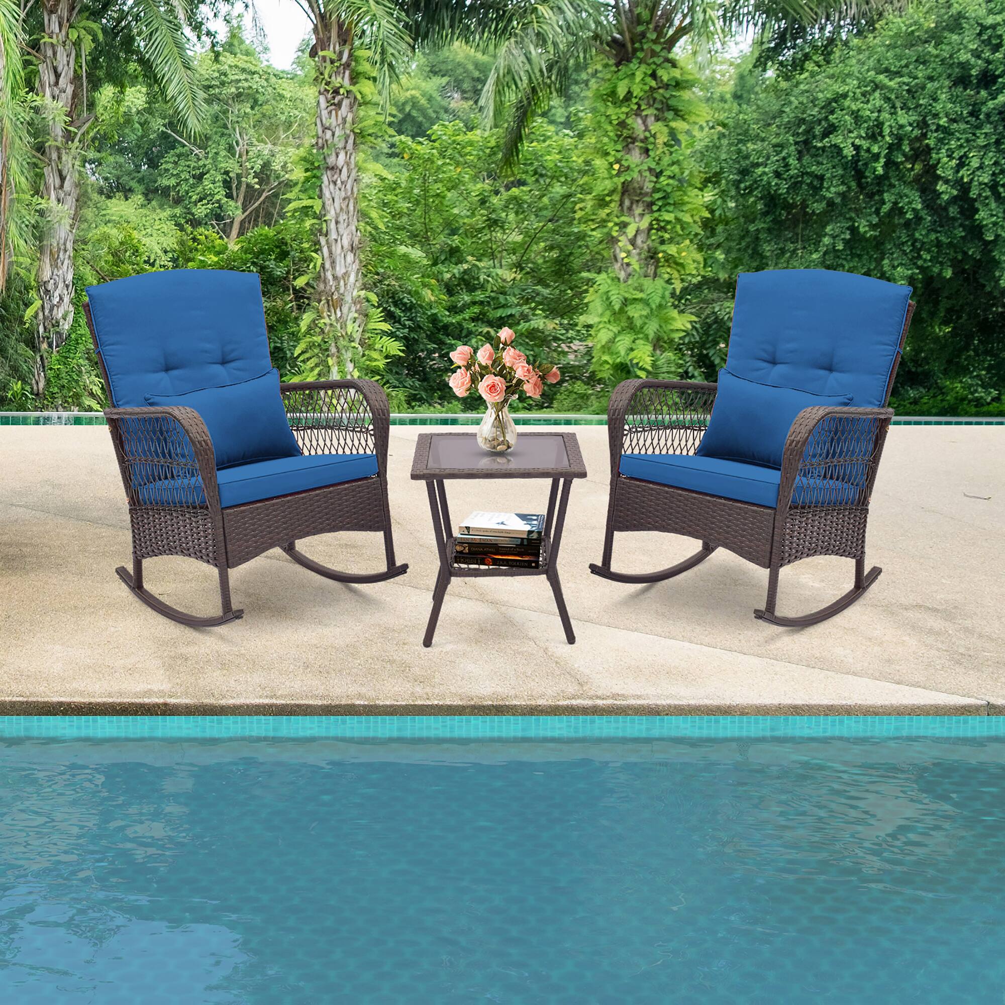 Gymax - 3 Pieces Rocking Bistro Set PE Rattan Rocking Chairs w/ 2-Tier Coffee Table Navy - Mix Brown, Navy price history on PriceWatchPro