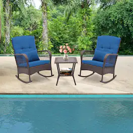 Gymax - 3 Pieces Rocking Bistro Set PE Rattan Rocking Chairs w/ 2-Tier Coffee Table Navy - Mix Brown, Navy