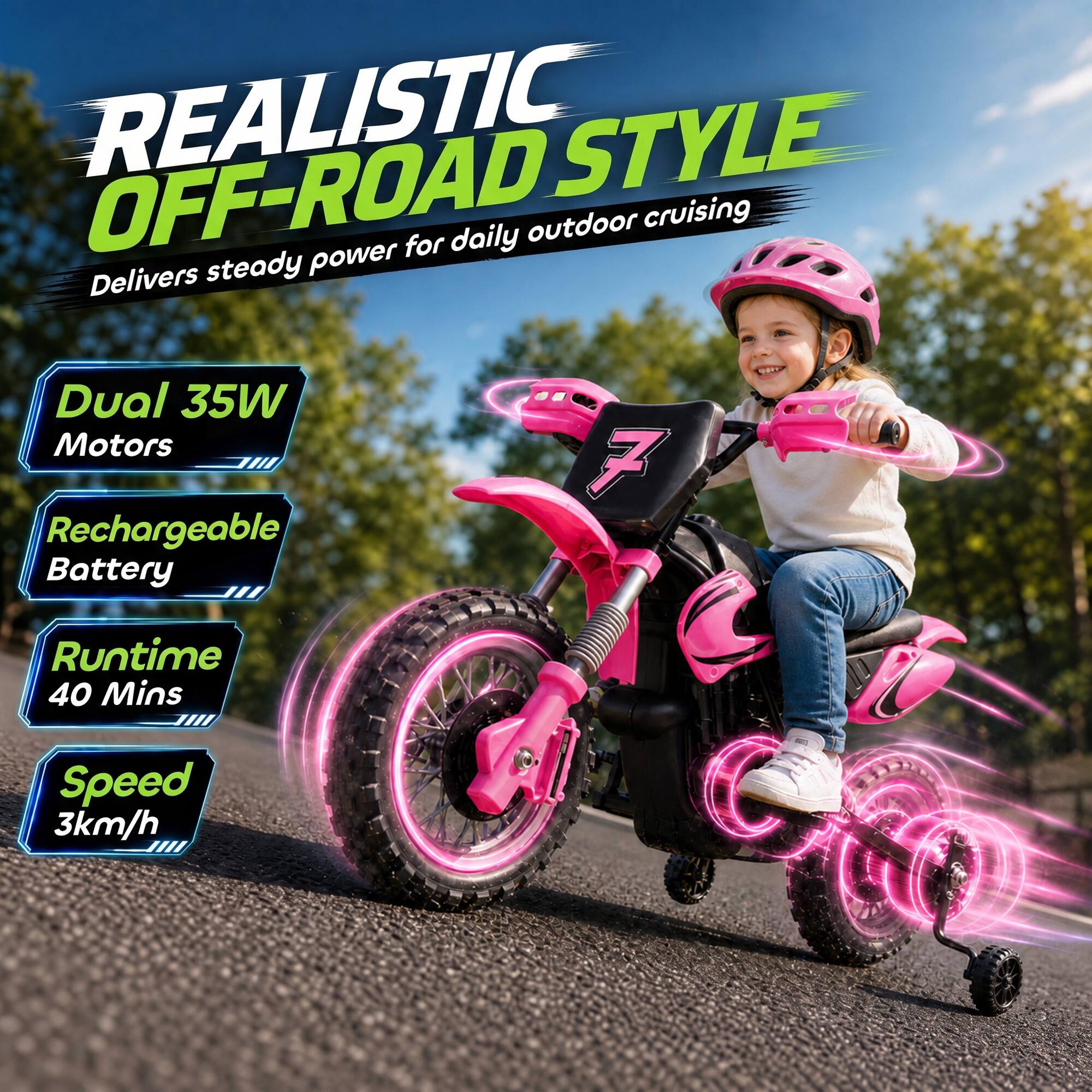 REALISTIC OFF-ROAD STYLE  
Delivers steady power for daily outdoor cruising  
Dual 35W Motors  
Rechargeable Battery  
Runtime 40 Mins  
Speed 3km/h