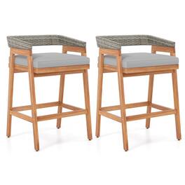 Costway - Patio Counter Height Bar Stools Set of 2 with Cushions PE Wicker Backrests - Natural + Gray