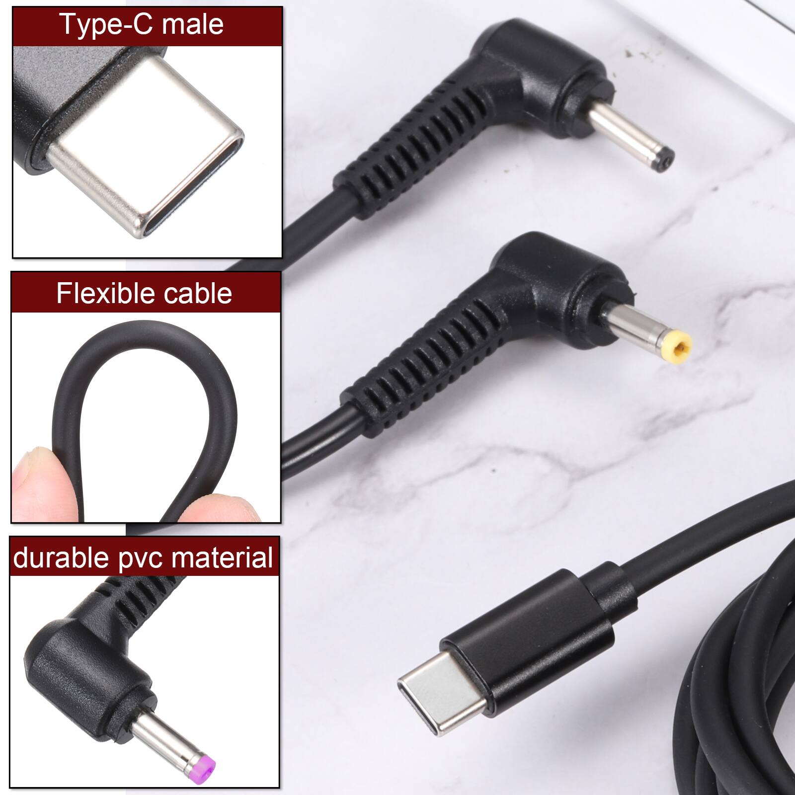 Type-C male  
Flexible cable  
Durable PVC material